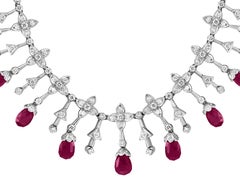 18 Ct Natural Ruby Briolette & 8 Ct Diamond Necklace 18 Karat White Gold, Estate