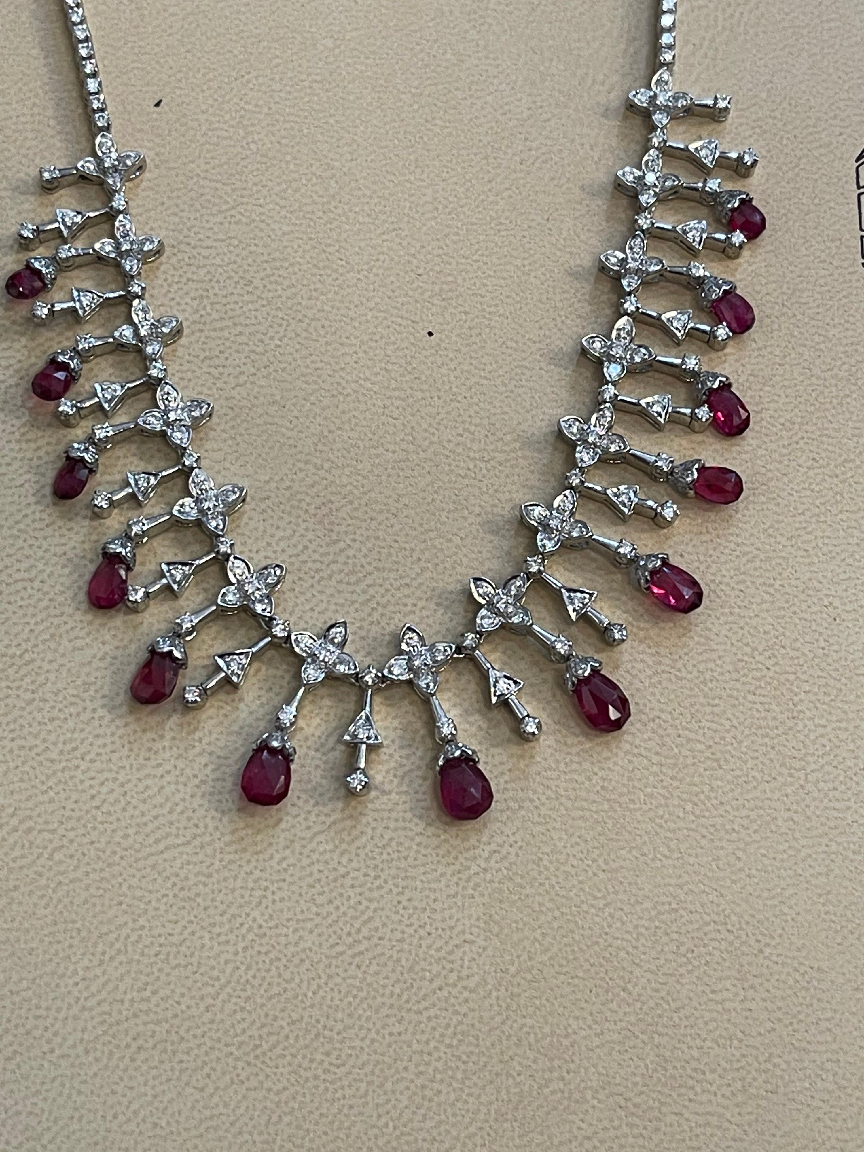 18 Ct Natural Ruby Briolette & 8 Ct Diamond Necklace 18 Karat White Gold, Estate For Sale 1