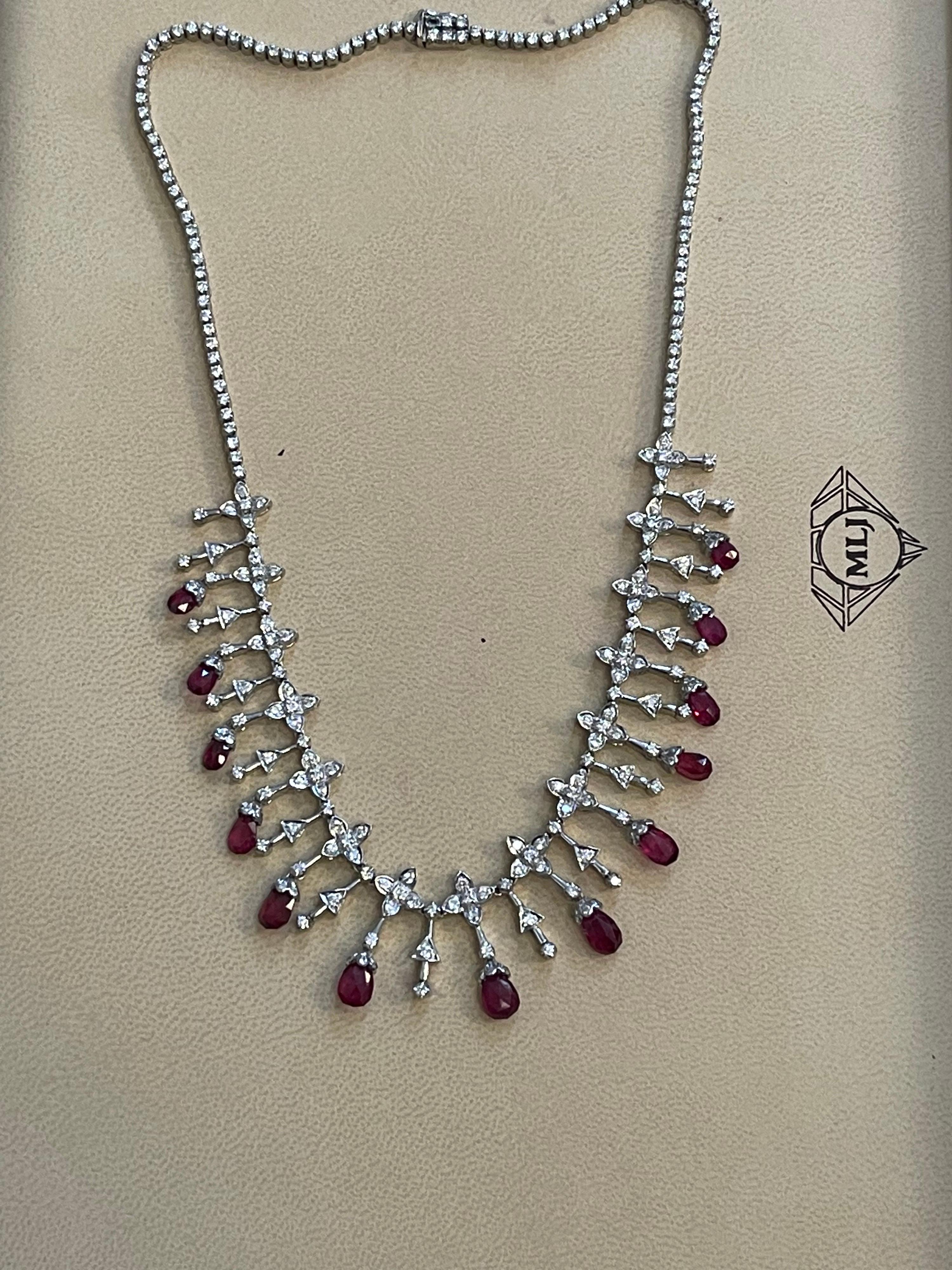 18 Ct Natural Ruby Briolette & 8 Ct Diamond Necklace 18 Karat White Gold, Estate For Sale 2
