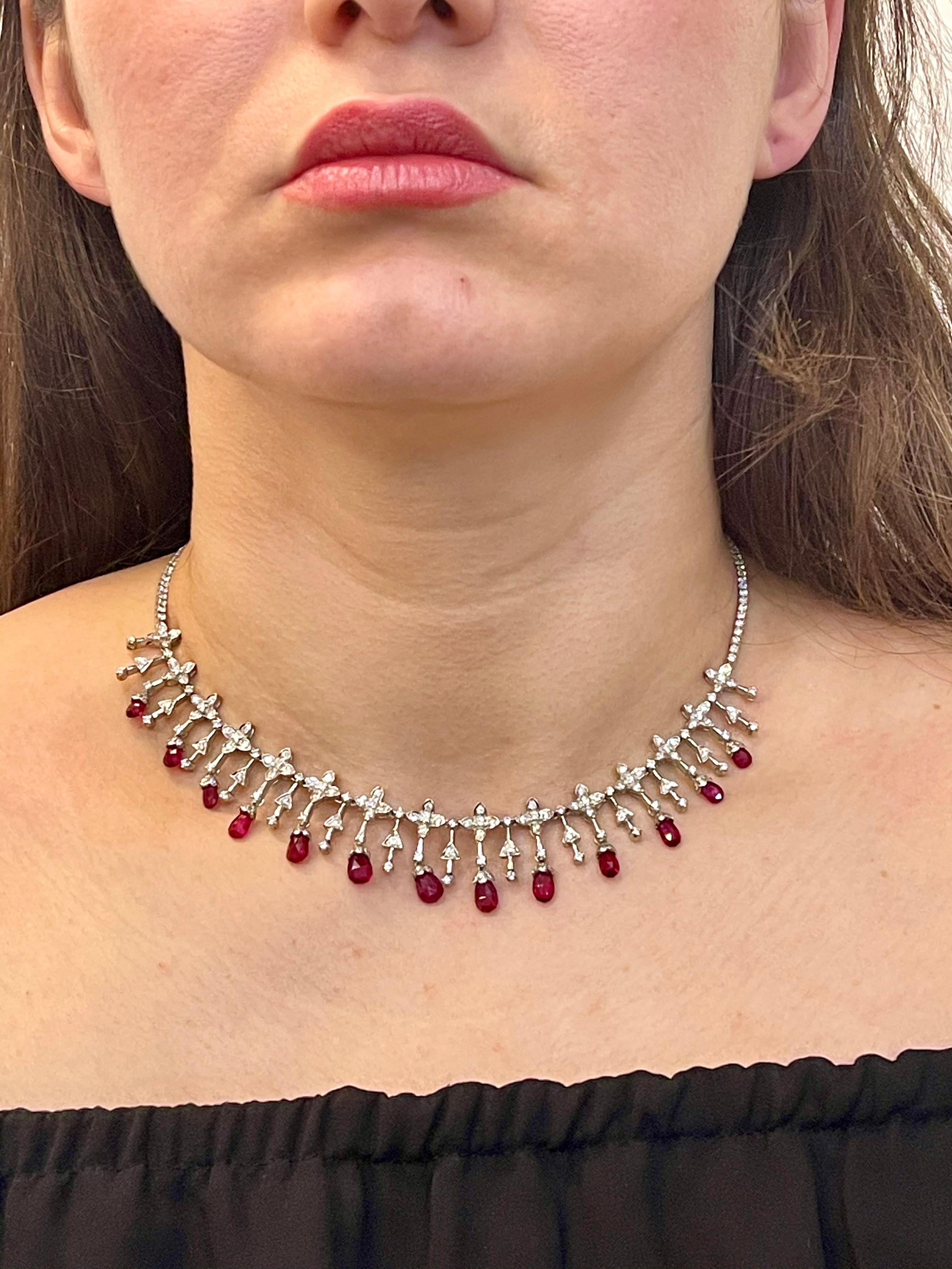 18 Ct Natural Ruby Briolette & 8 Ct Diamond Necklace 18 Karat White Gold, Estate For Sale 3