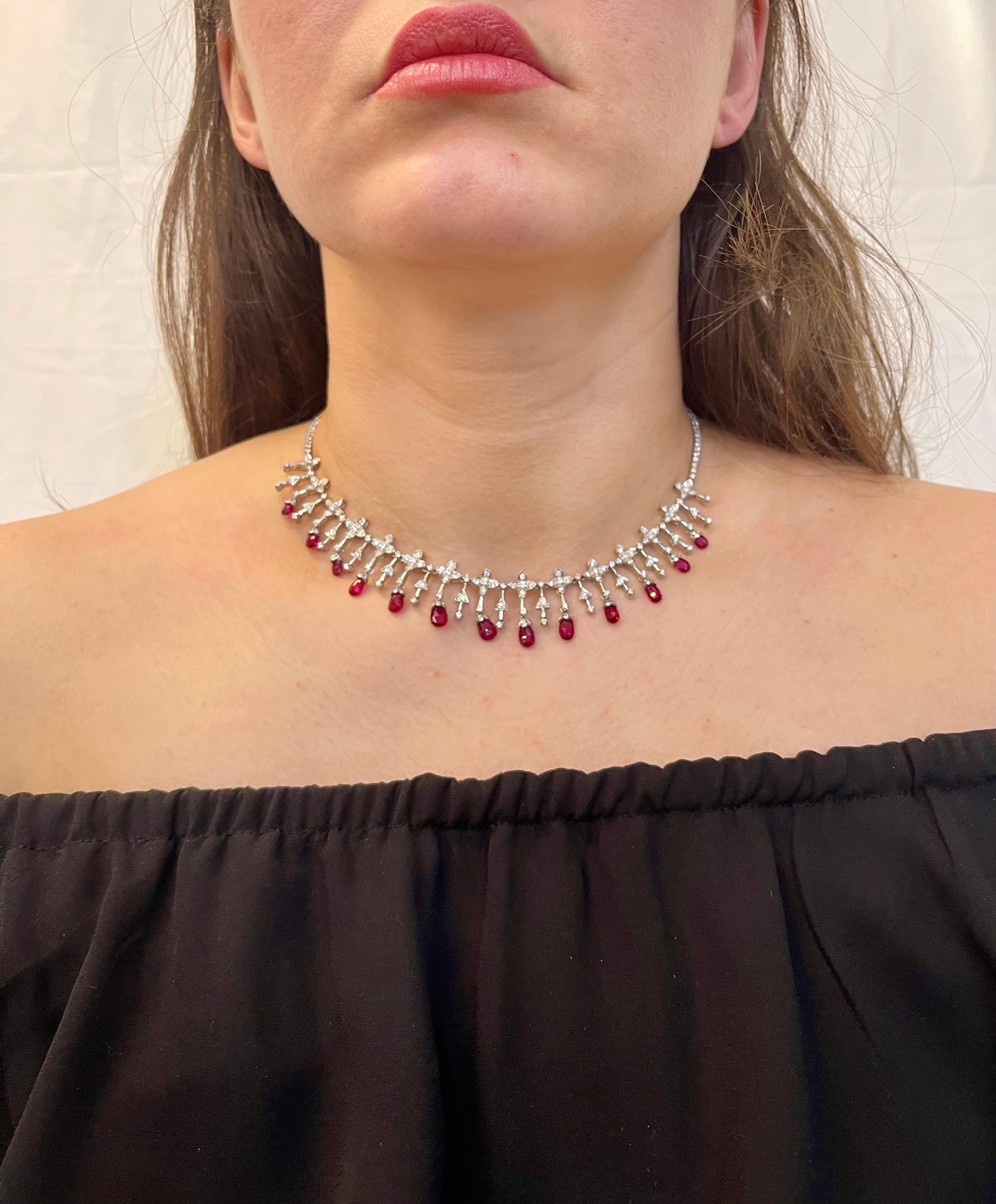 18 Ct Natural Ruby Briolette & 8 Ct Diamond Necklace 18 Karat White Gold, Estate For Sale 4