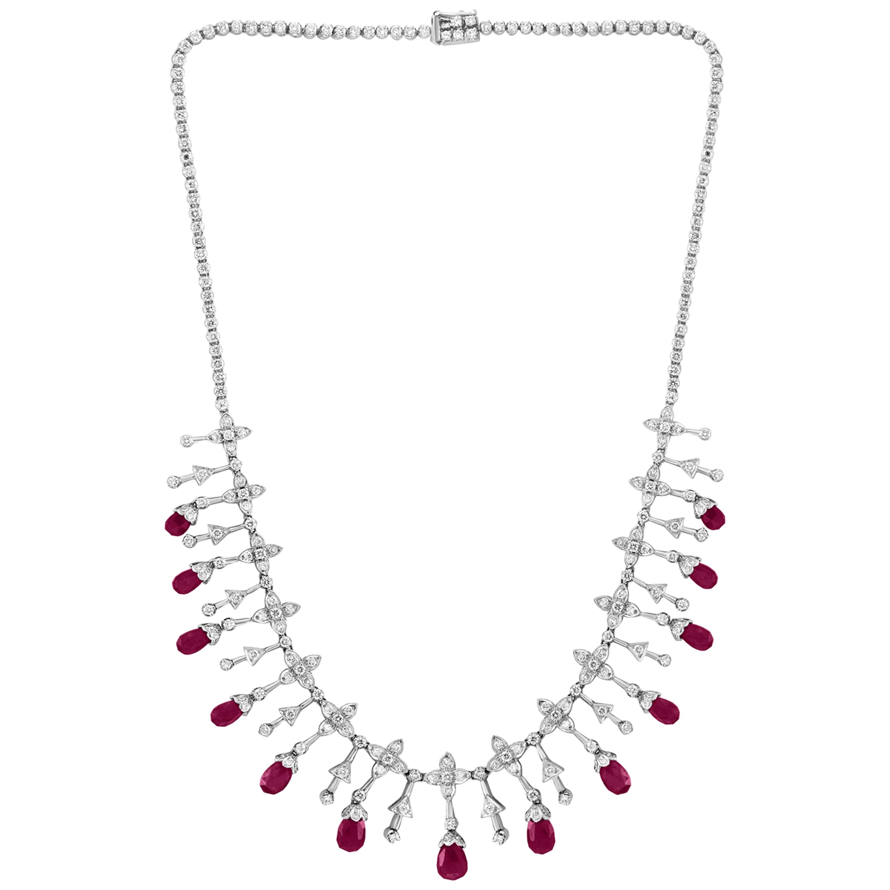 18 Ct Natural Ruby Briolette & 8 Ct Diamond Necklace 18 Karat White Gold, Estate