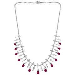 18 Ct Natural Ruby Briolette & 8 Ct Diamond Necklace 18 Karat White Gold, Estate