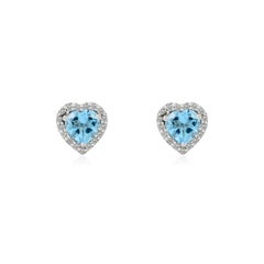 Pendientes de oro blanco de 14 quilates en forma de corazón con halo de diamantes y topacio azul de 1,8 quilates