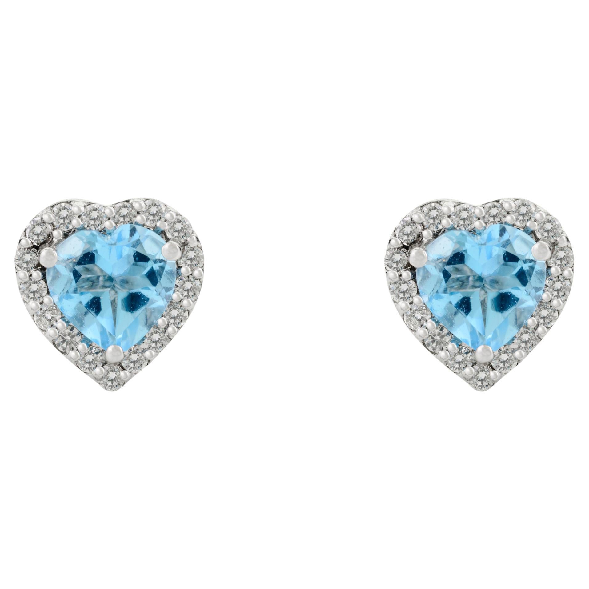 1.8 CTW Blue Topaz Halo Diamond Heart Shape Stud Earrings in 14k White Gold