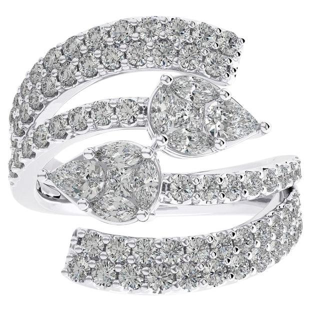 1.8 CTW Round Diamond 18K White Gold Classic Collection Dual leaf Finger Ring