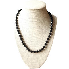 18" Czech Bohemian Black Faceted Glass Bead Long Flapper Strand Necklace, 1930s