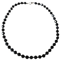18" Czech Bohemian Black Faceted Glass Bead Long Flapper Strand Necklace, 1930s