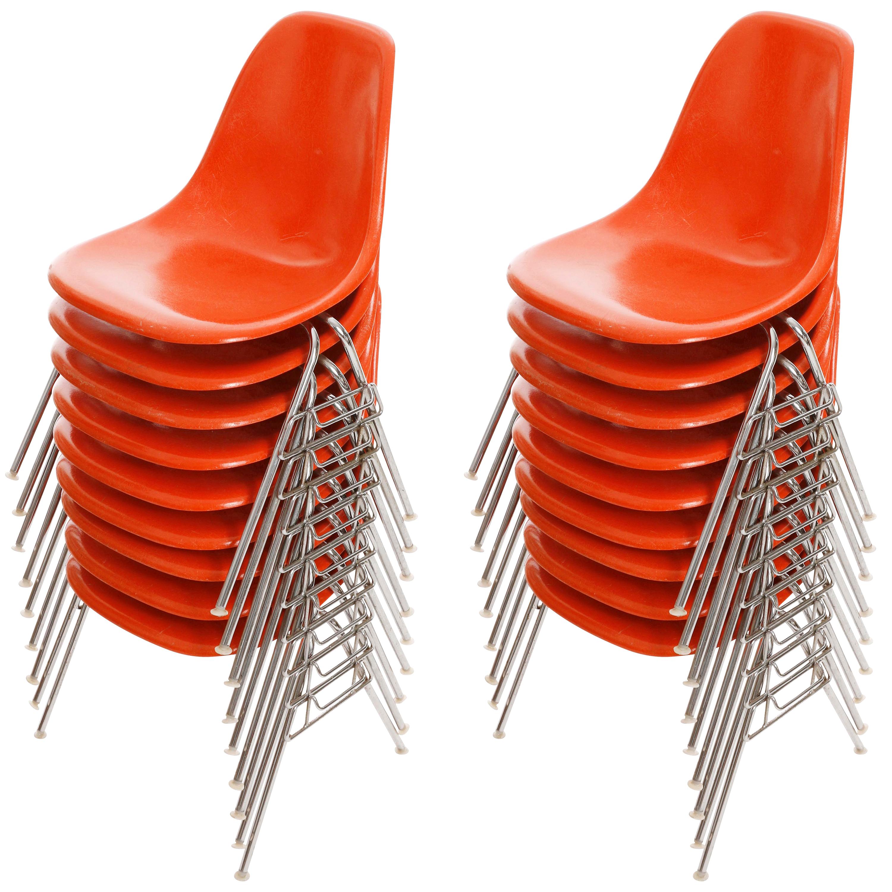 18 DSS Stacking Chairs, Charles & Ray Eames, Herman Miller, Orange Fiberglass