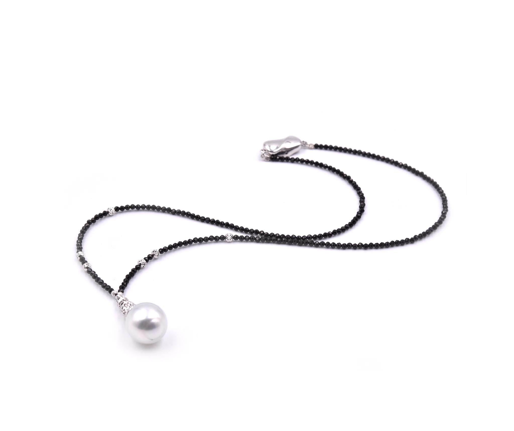 Designer: custom design
Material: sterling silver, black spinel
South Sea Pearl: 1 South Sea Pearl with diameter of 10.07mm
Dimensions: necklace is 18” long
Weight: 7.90 grams
