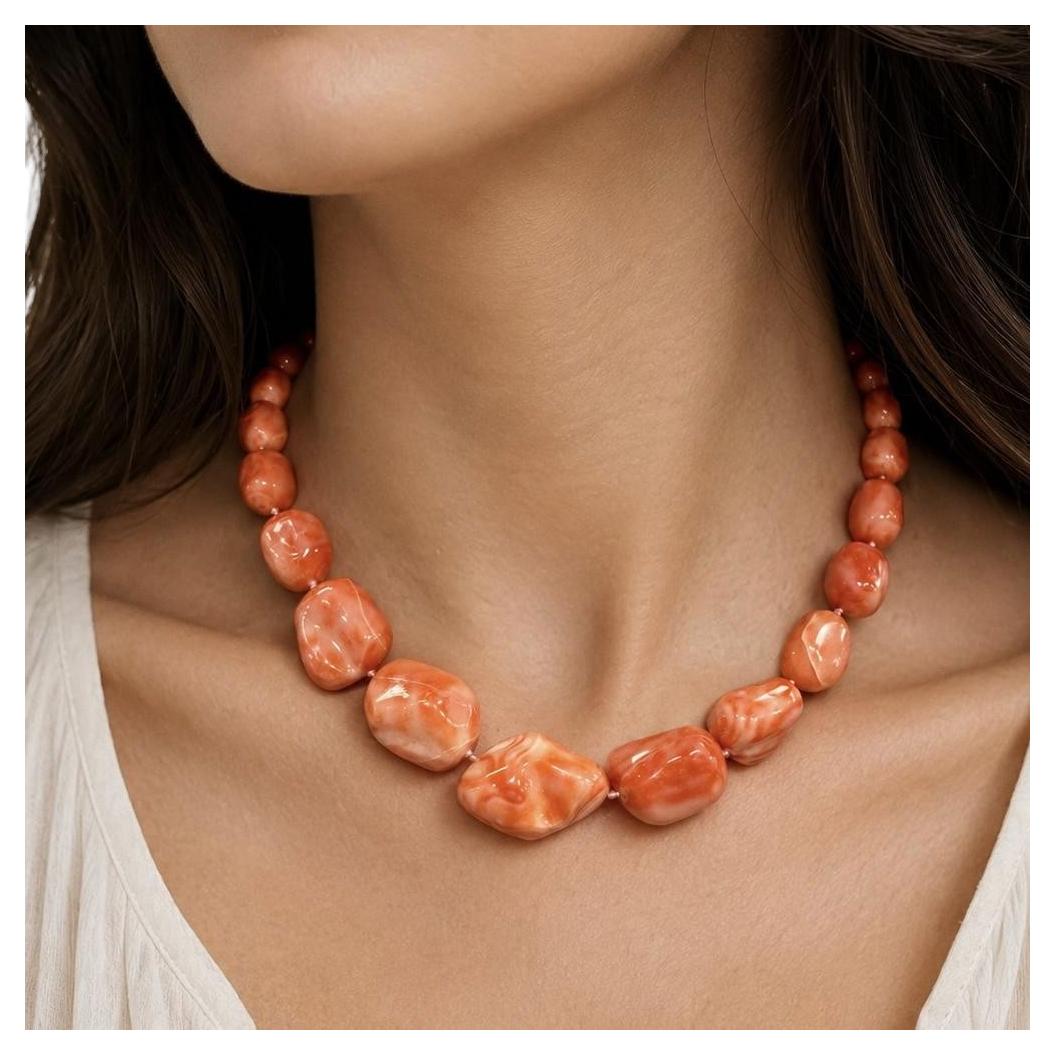 18" Graduated Salmon Pink Tumbled Agate Strand Necklace w/ 14k Yellow Gold Clasp For Sale