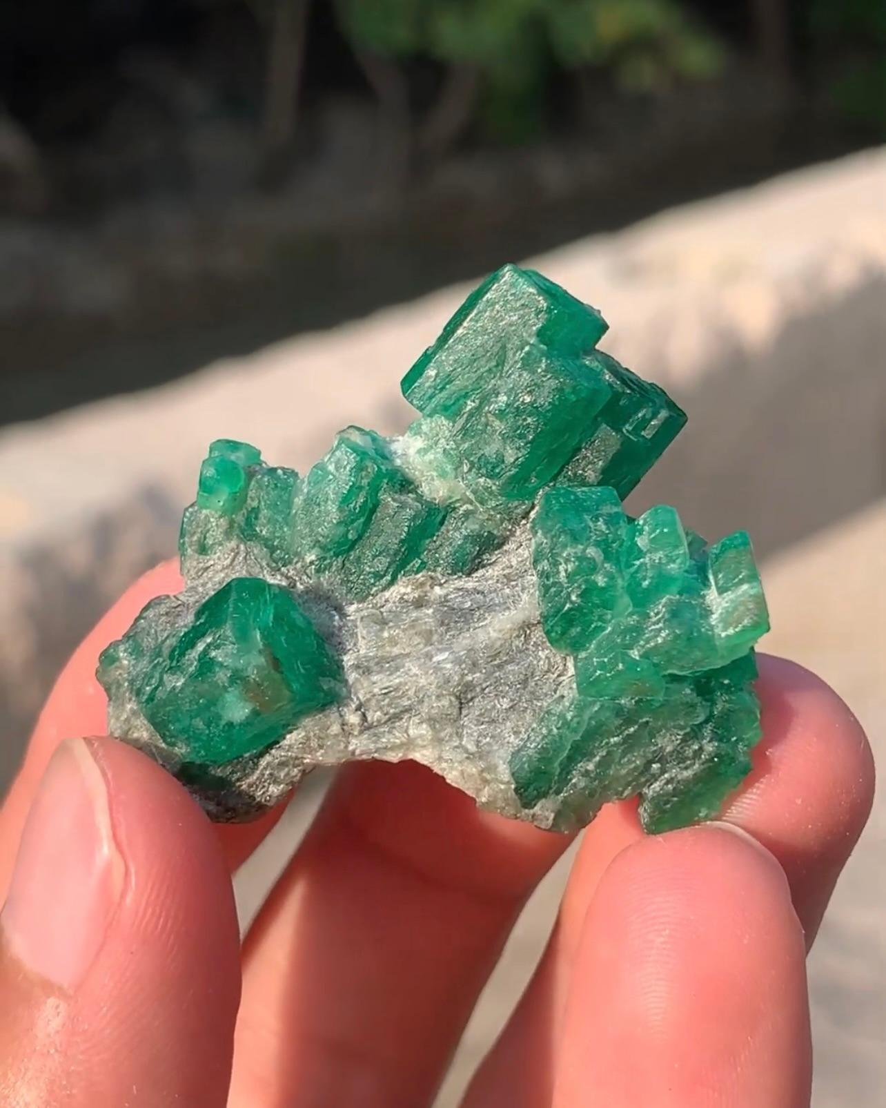 18 grammi di cristalli di smeraldo di colore verde appollaiati su calcite dal Pakistan in vendita 5