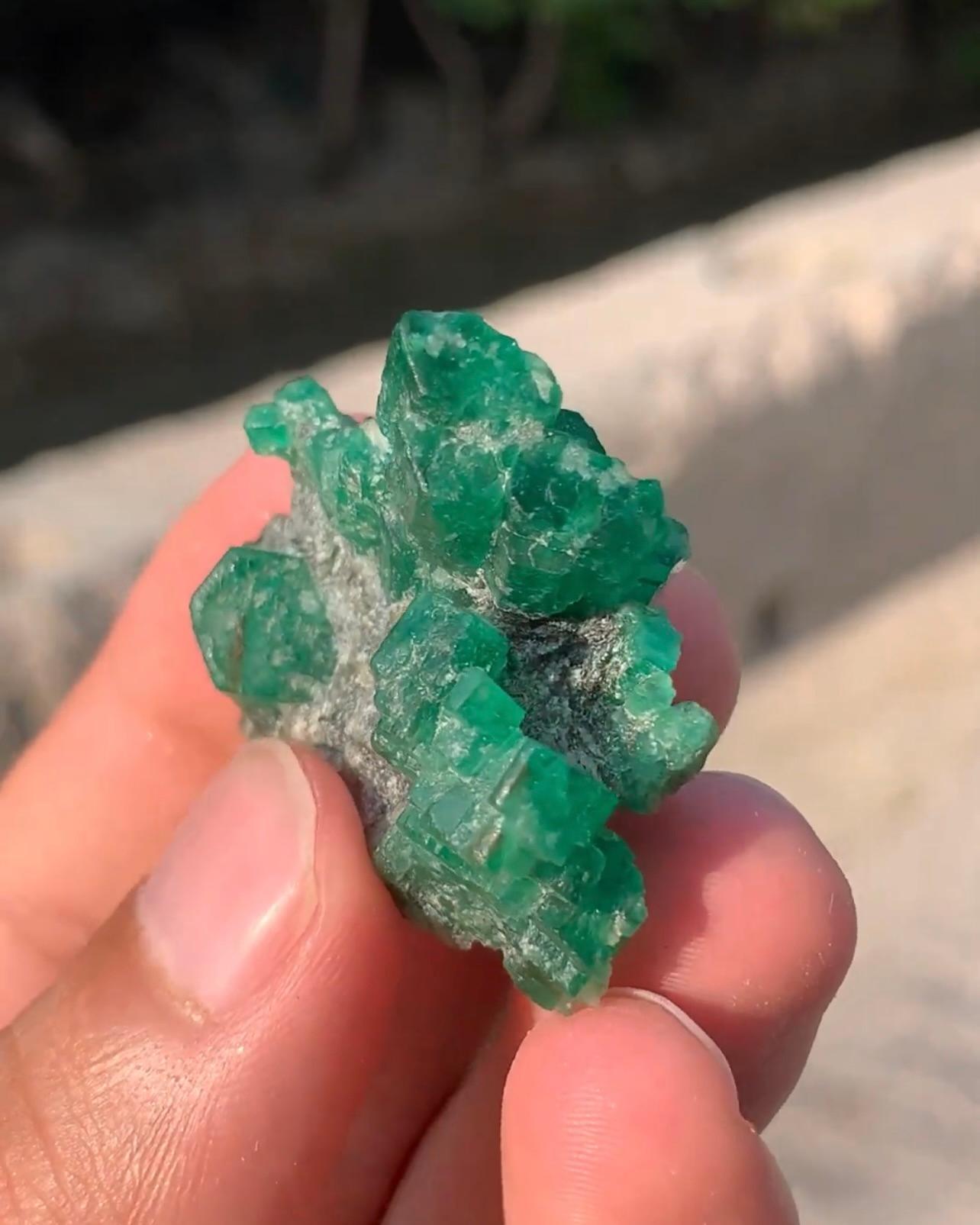 18 grammi di cristalli di smeraldo di colore verde appollaiati su calcite dal Pakistan in vendita 2