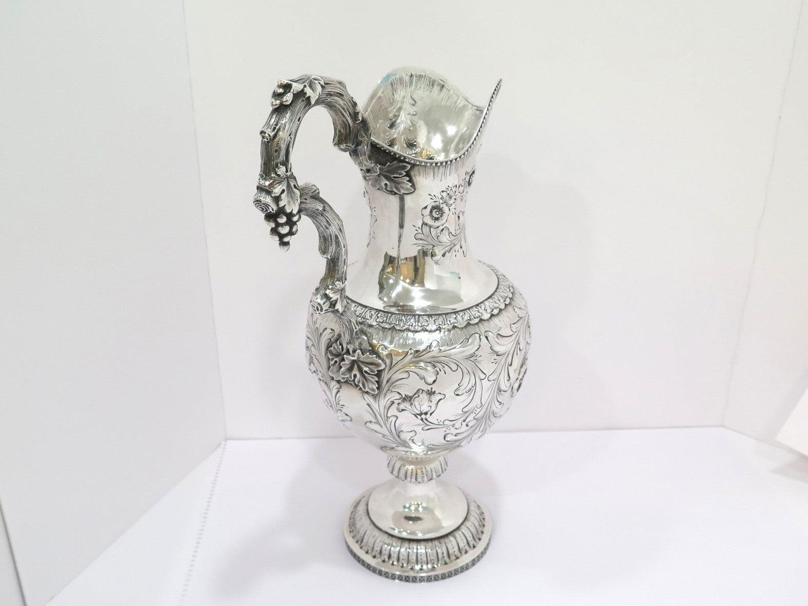 American 18 in - Coin Silver Bailey & Co Antique Floral Repousse Grapevine Handle Pitcher For Sale