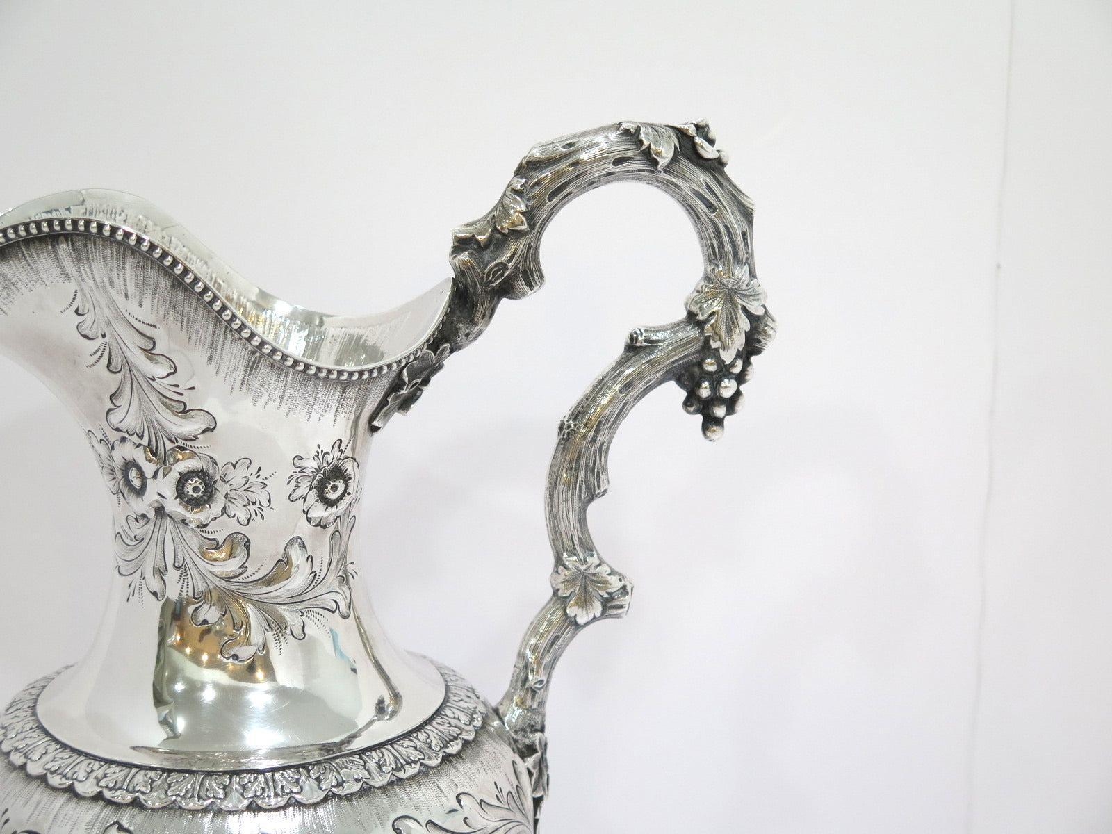 18 in - Coin Silver Bailey & Co Antique Floral Repousse Grapevine Handle Pitcher In Good Condition For Sale In Brooklyn, NY