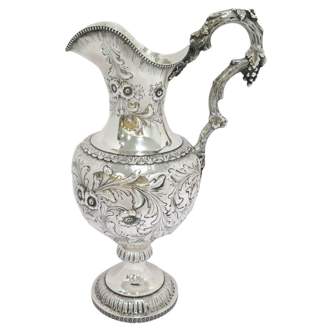 18 in - Coin Silver Bailey & Co Antique Floral Repousse Grapevine Handle Pitcher