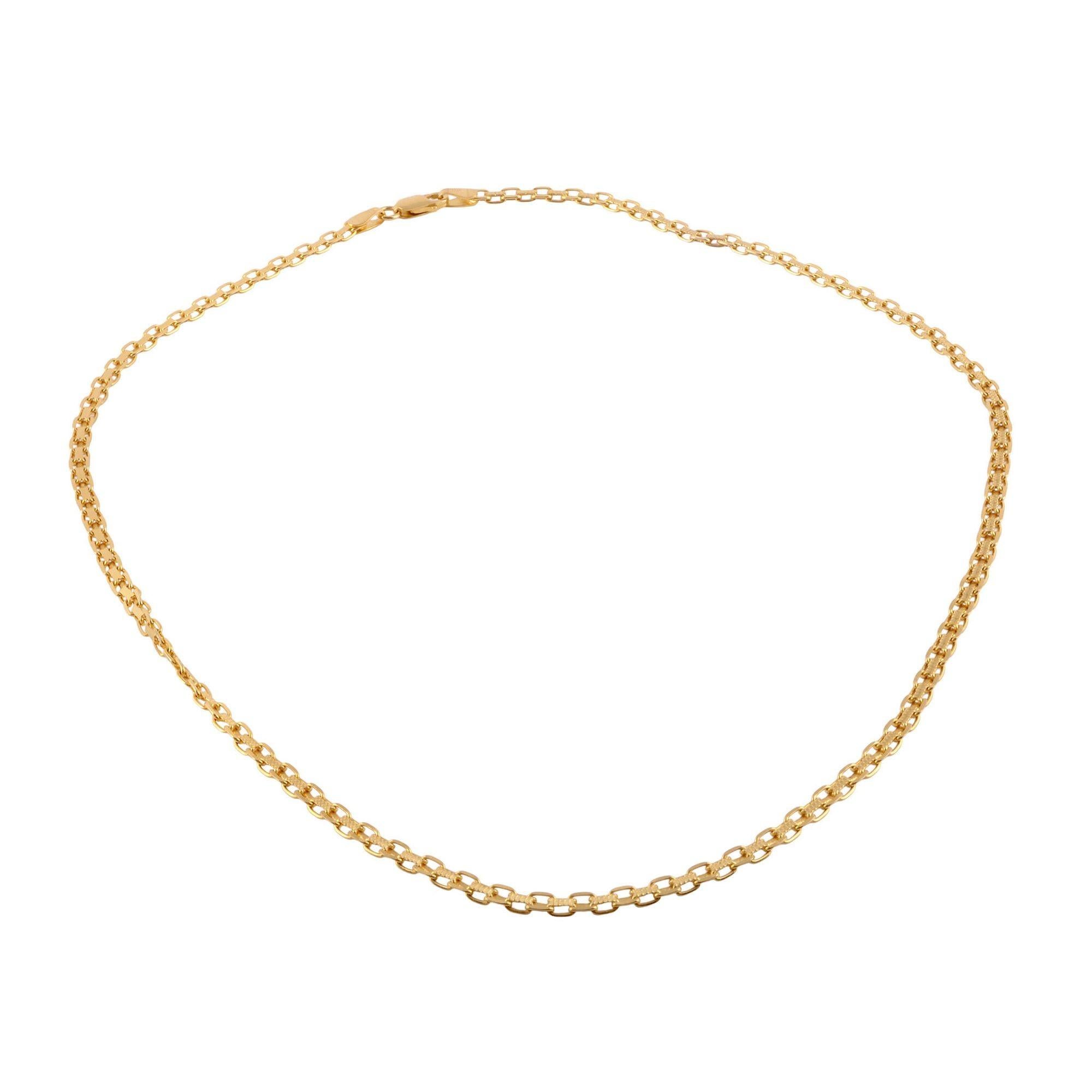 Estate 18 Zoll 14K Gelbgold Kette. Diese Kette aus 14 Karat Gelbgold ist 3,1 mm breit und wird mit einem Karabinerverschluss geschlossen. Die 14K-Kette wiegt 9 Gramm. [KIMH 535]
 
Abmessungen
 
18″L x 3,1mm B