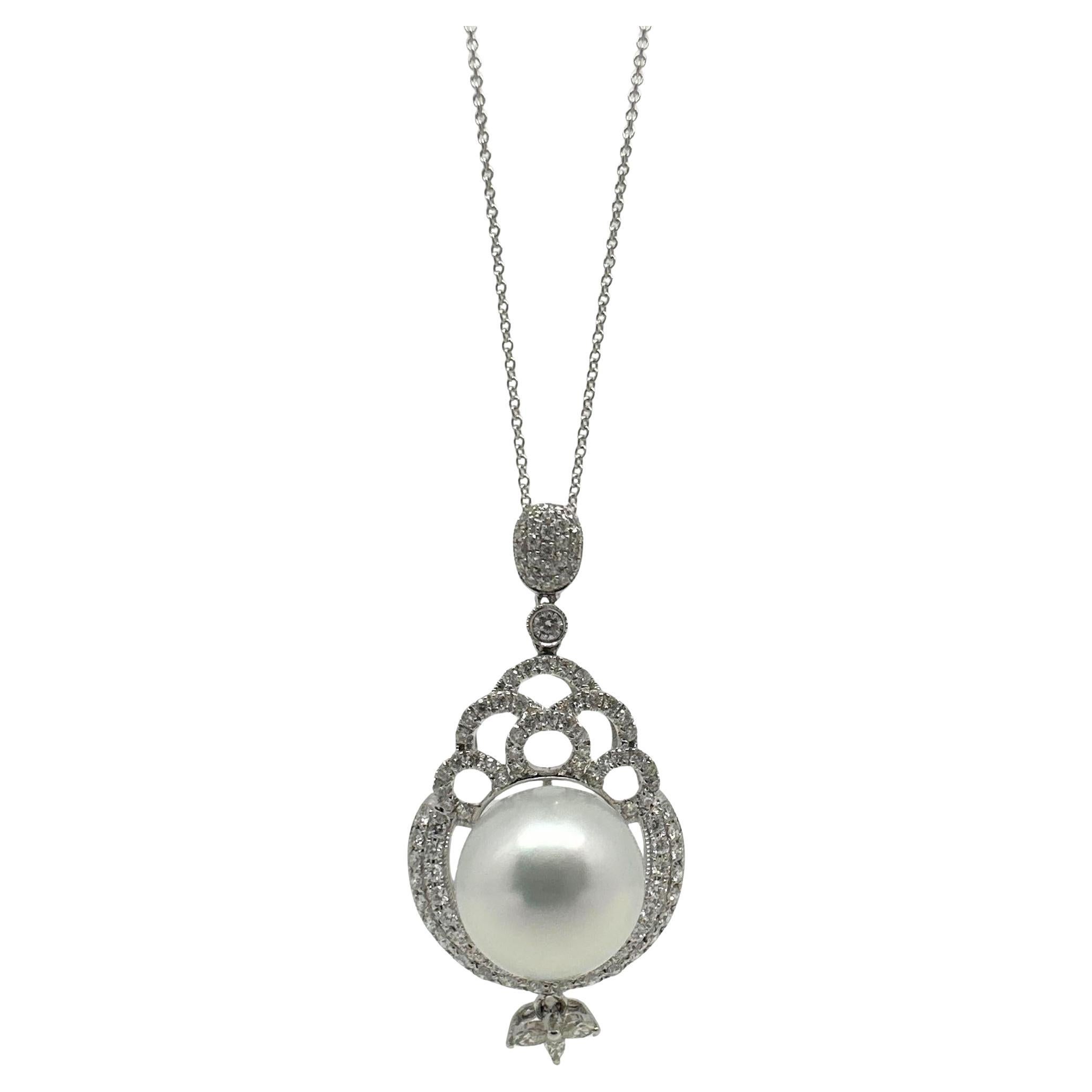 18 inch 18K White Gold Diamond Pearl Pendant Necklace - 0.75ct