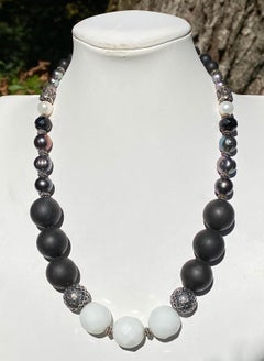 Black and White Fashion Necklace with Agate, Onyx, FWCP Pearls in Silver