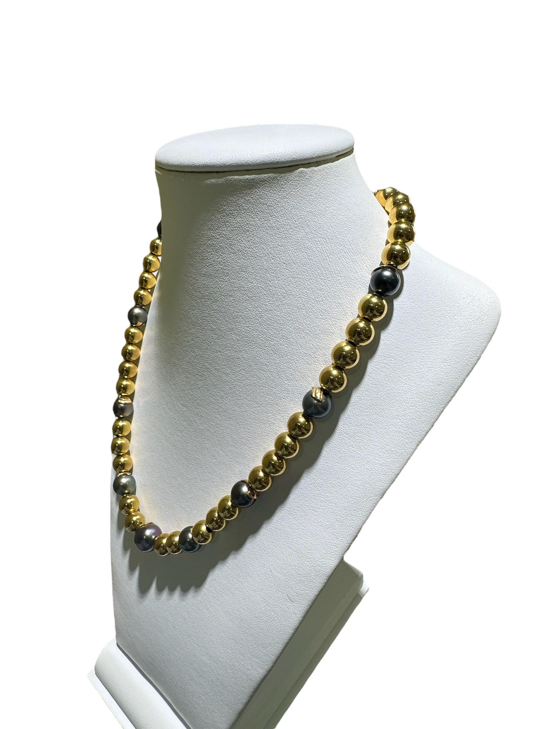 Contemporary 18 Inch Black Pearl & 14K Gold Bead Necklace