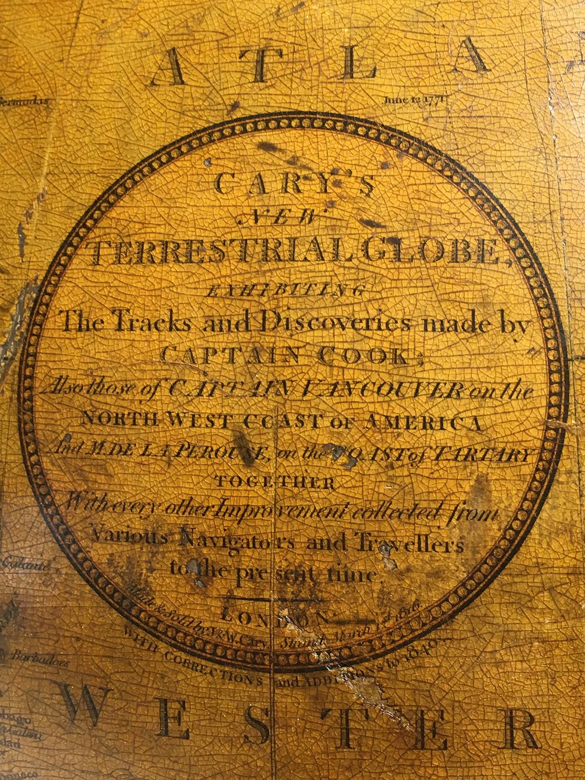 John and William Cary
Updated by George and John Cary
Terrestrial Globe
London, 1840

lb 22 (kg 10)

Slight surface abrasions due to use. A small crack on the horizon circle.

The globe rests in its original Dutch style stand with four supporting
