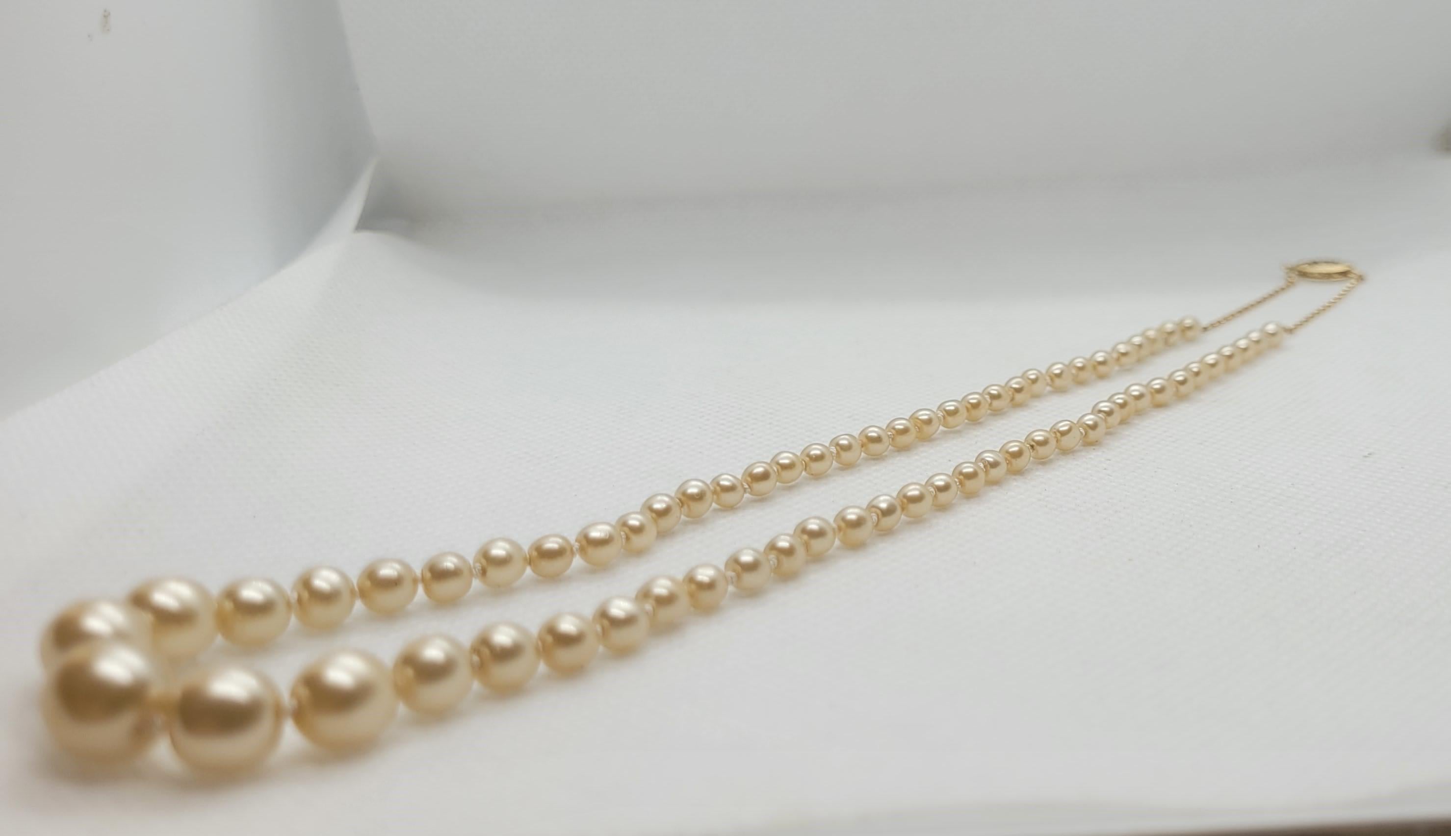 18 Zoll abgestufte Zuchtperlenkette, Champagner, 14kt Gliederverschluss, 9,3 mm (Rundschliff) im Angebot