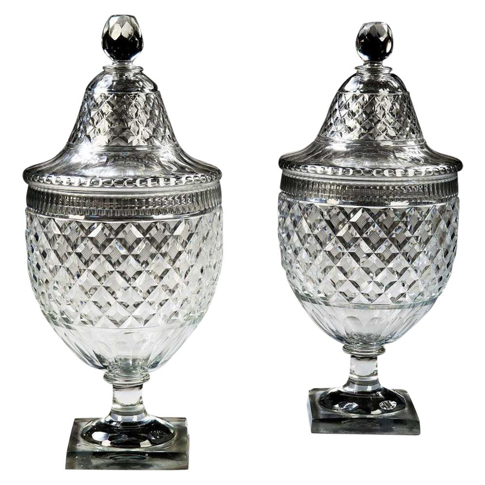 Large Pair of Cut Glass Fruit Coolers Urns by Voneche Belgium For Sale