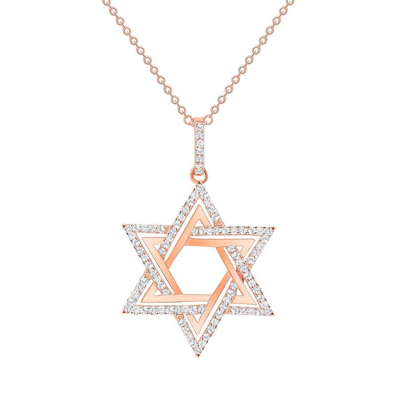 This Star of David Necklace consists of approximately 100 round diamonds set in 14k gold.

Metal: 14k Gold
Diamond Total Carats: 1ct
Diamond Cut: Round (100 diamonds)
Diamond Clarity: VS
Diamond Color: F
Color: Rose gold
Necklace Length:
