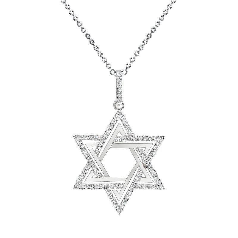 This Star of David Necklace consists of approximately 100 round diamonds set in 14k gold.

Metal: 14k Gold
Diamond Total Carats: 1ct
Diamond Cut: Round (100 diamonds)
Diamond Clarity: VS
Diamond Color: F
Color: White gold
Necklace Length: