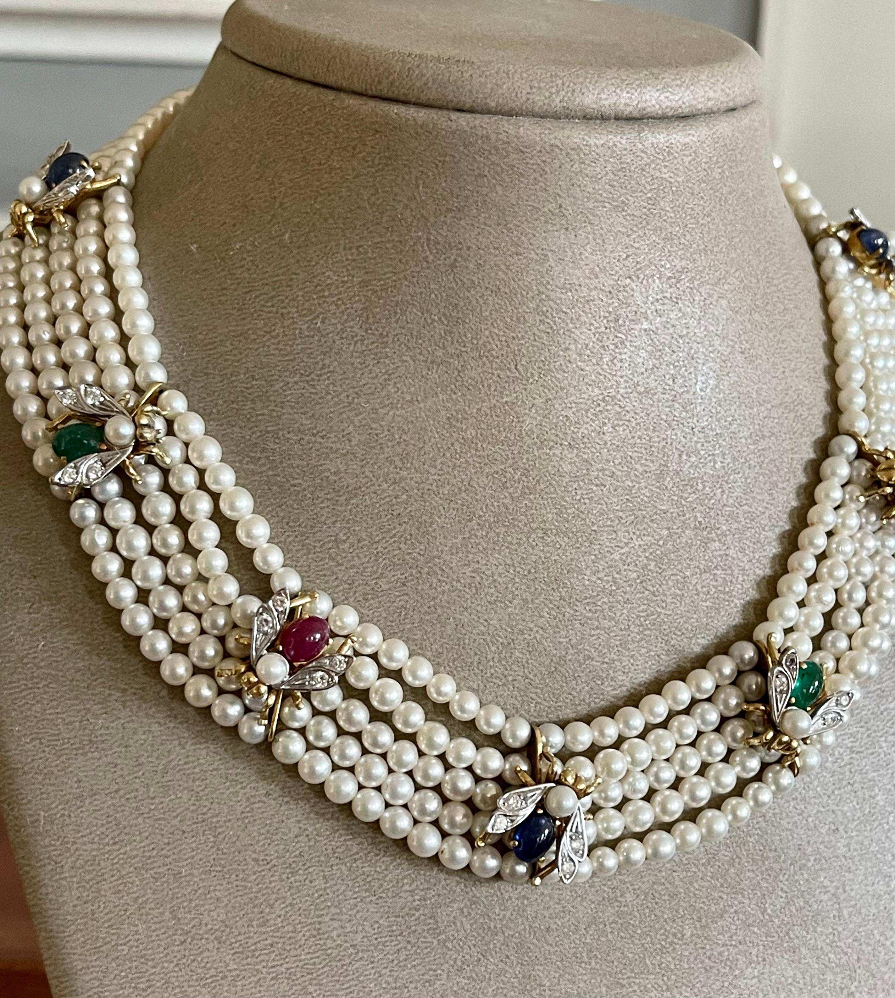 18 K 1950 5 Strand Cultured Pearl Choker with Bees Emearld Ruby Sapphire Diamond 2