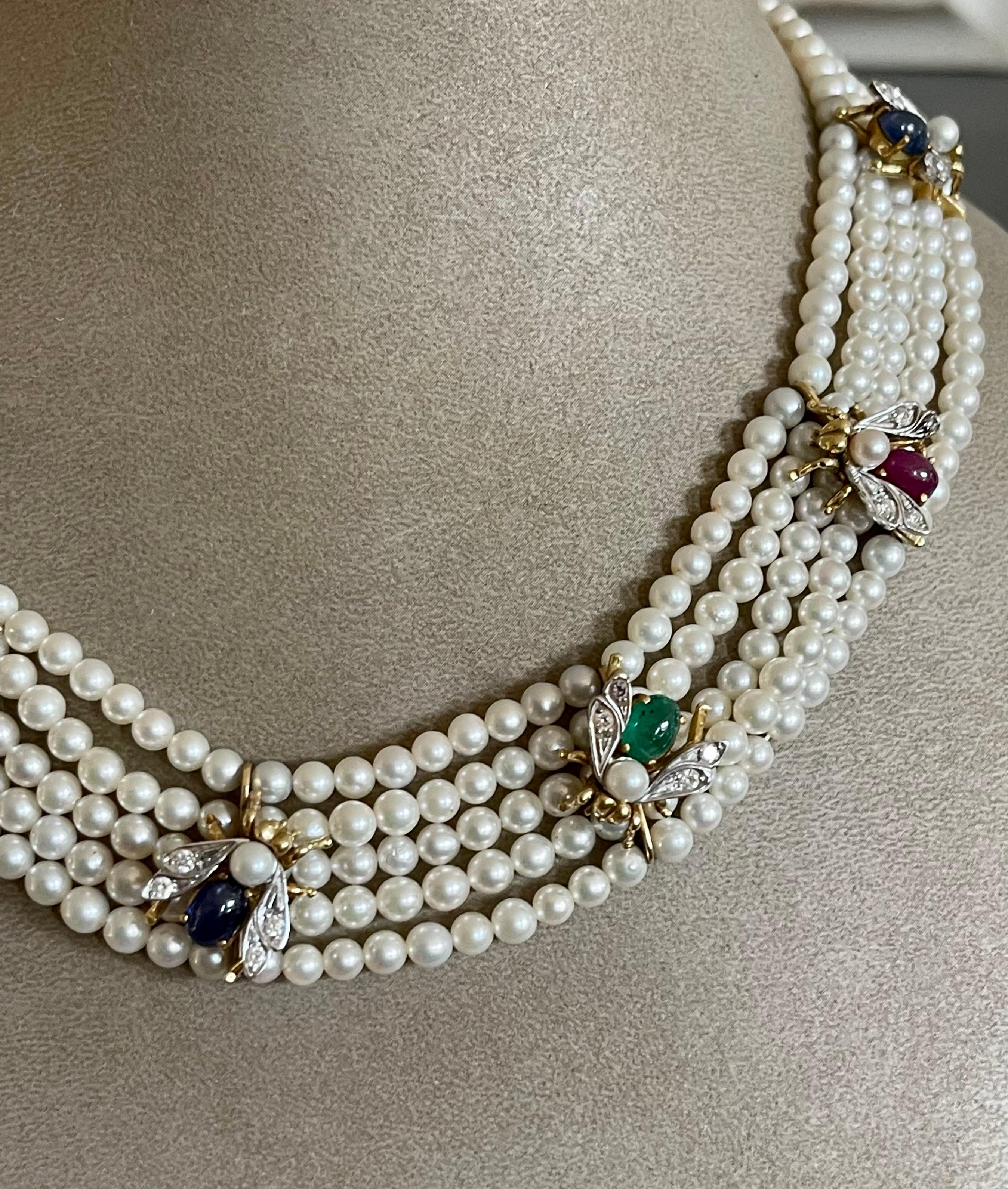 18 K 1950 5 Strand Cultured Pearl Choker with Bees Emearld Ruby Sapphire Diamond 3