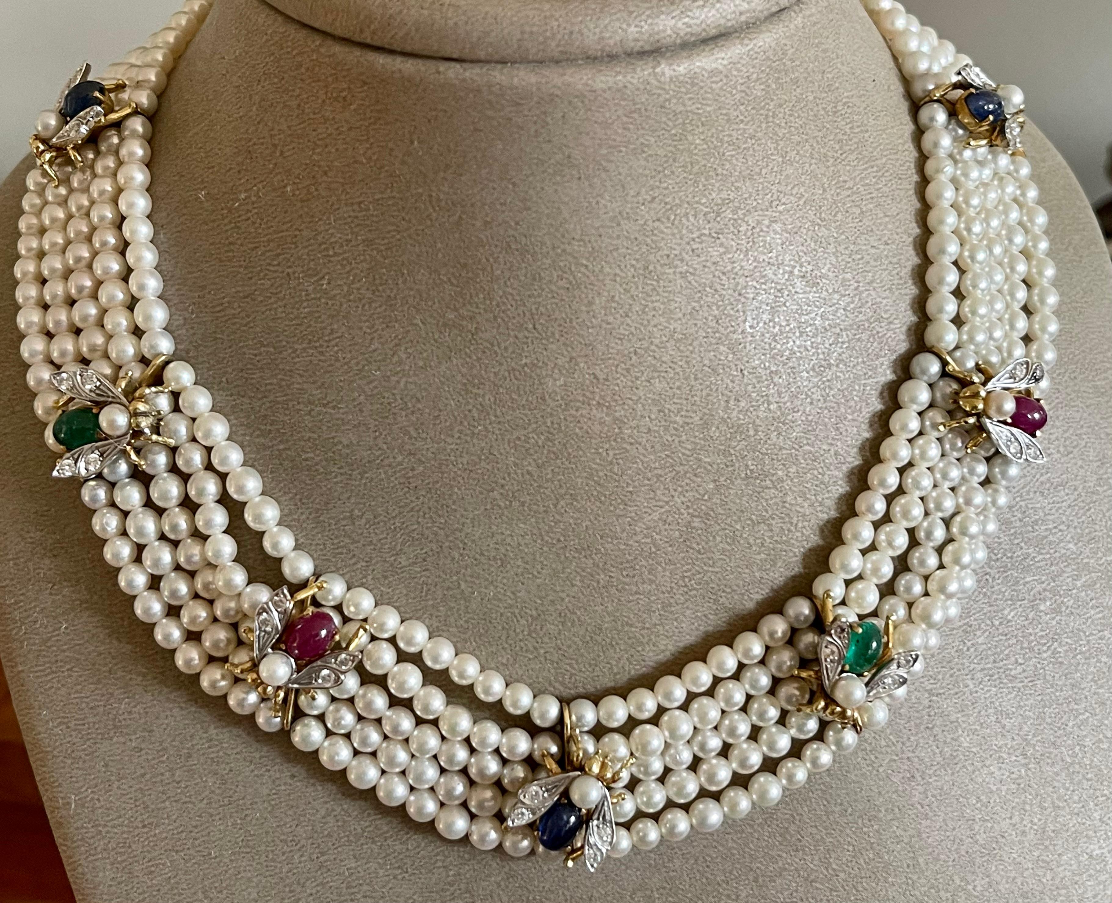 18 K 1950 5 Strand Cultured Pearl Choker with Bees Emearld Ruby Sapphire Diamond 4