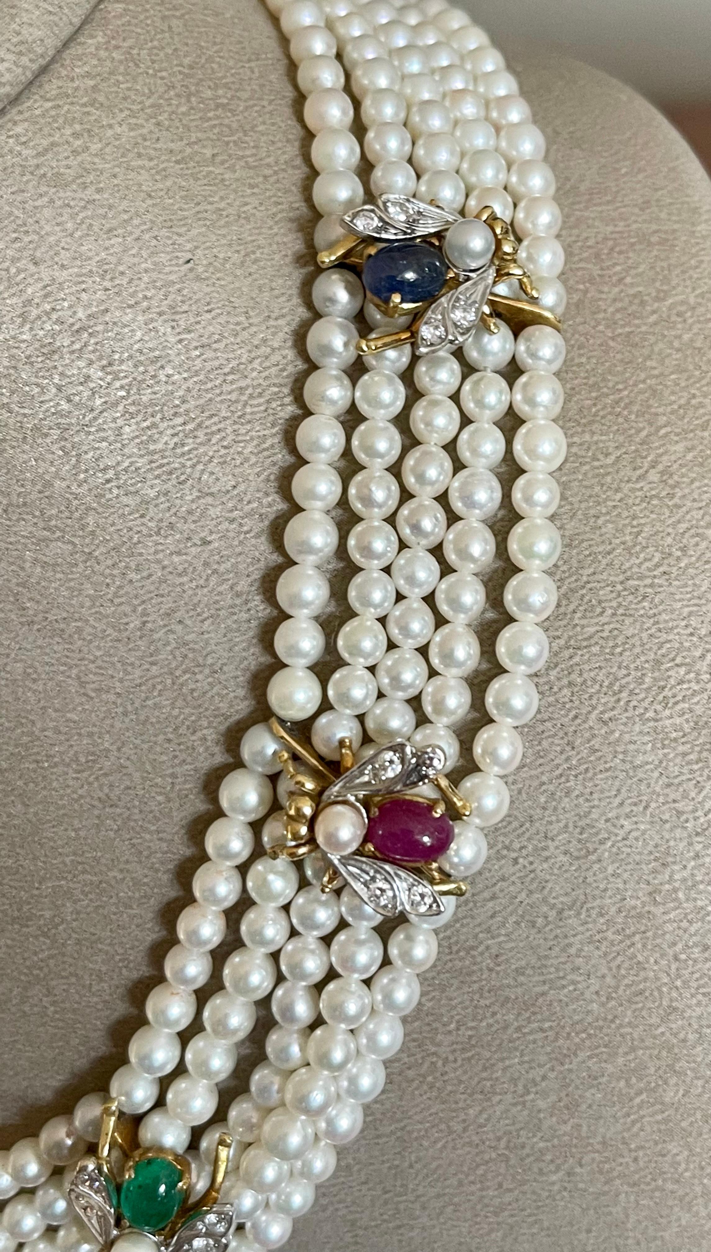 18 K 1950 5 Strand Cultured Pearl Choker with Bees Emearld Ruby Sapphire Diamond 5