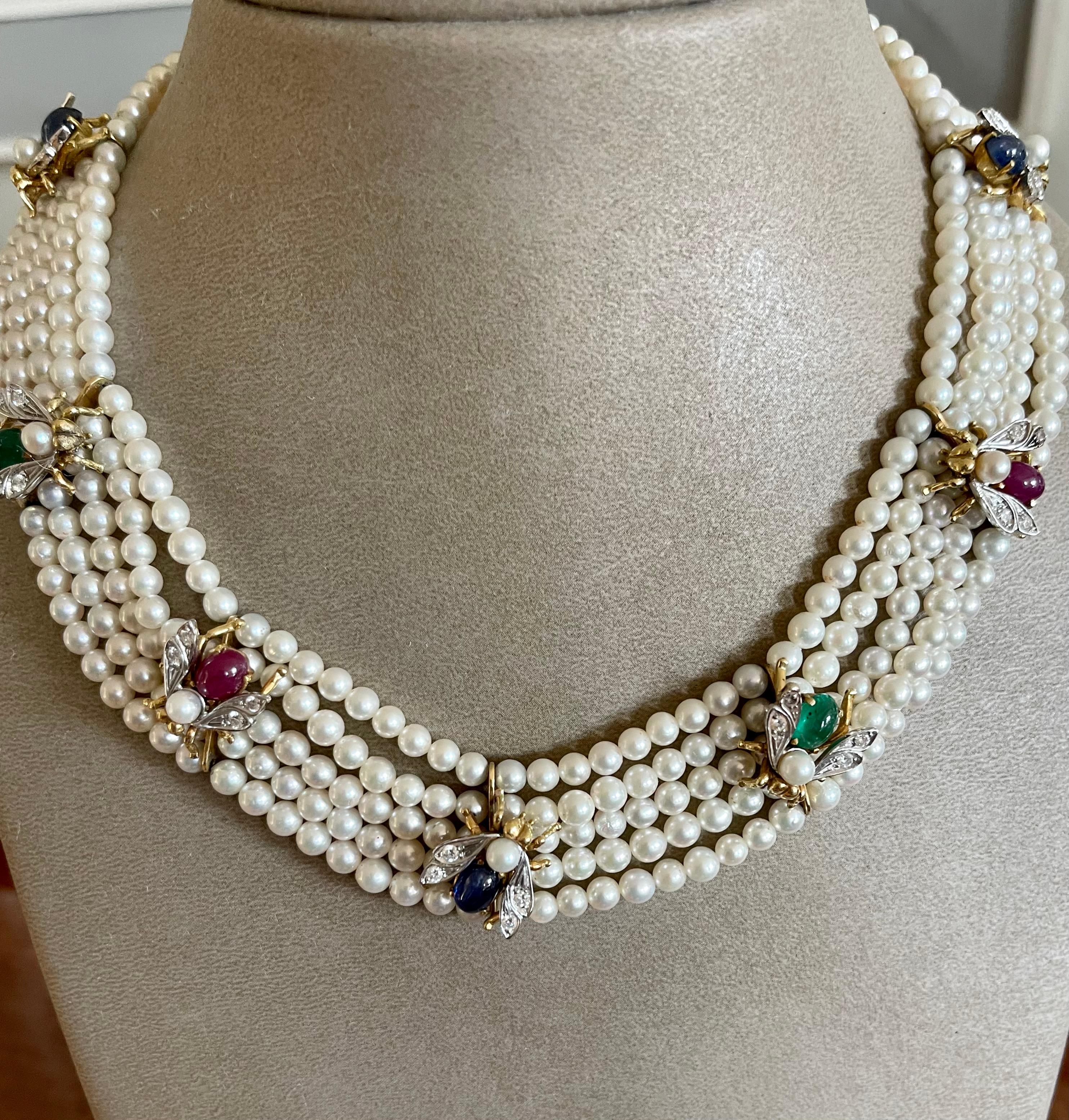 18 K 1950 5 Strand Cultured Pearl Choker with Bees Emearld Ruby Sapphire Diamond 8