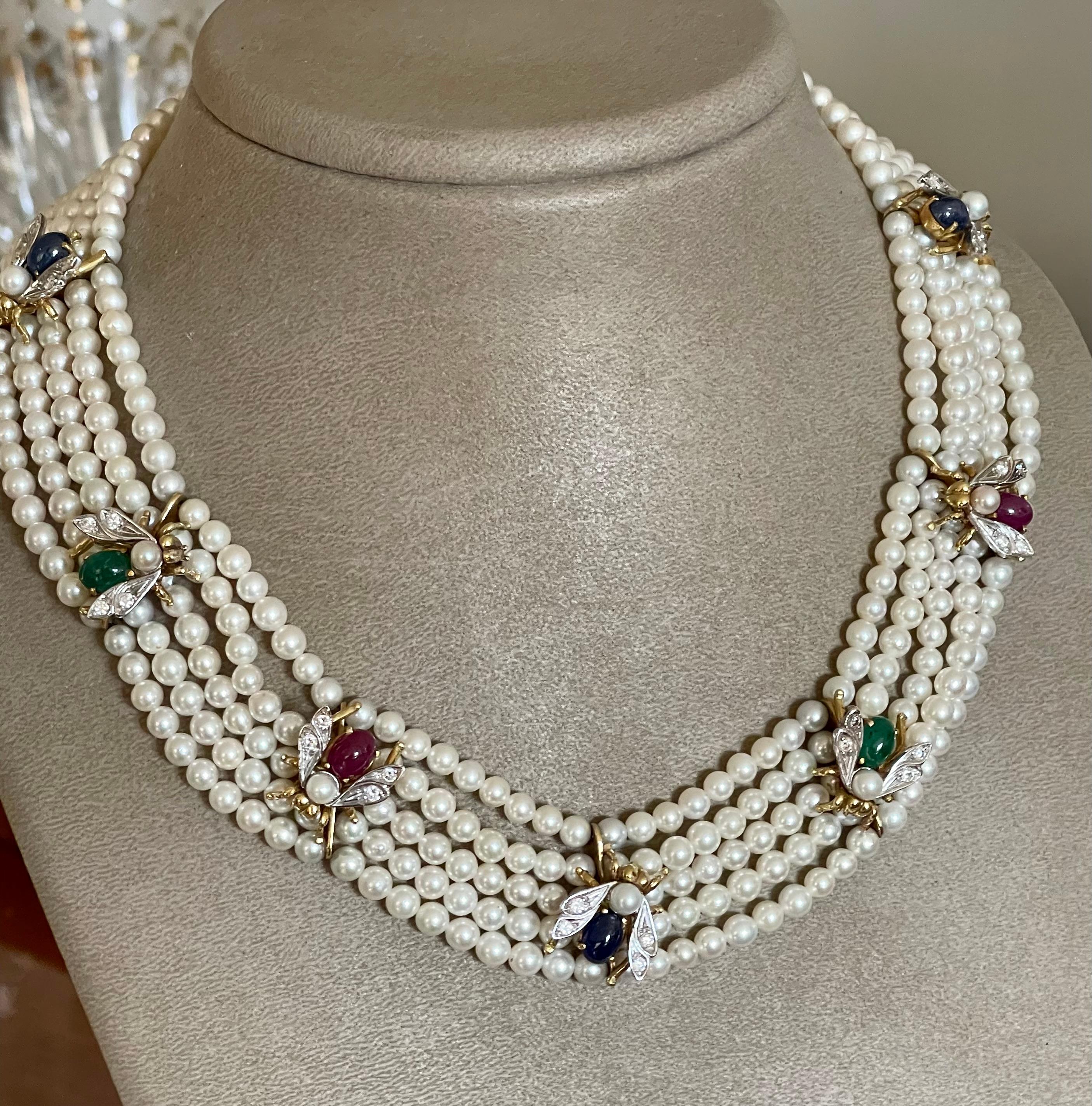 Retro 18 K 1950 5 Strand Cultured Pearl Choker with Bees Emearld Ruby Sapphire Diamond