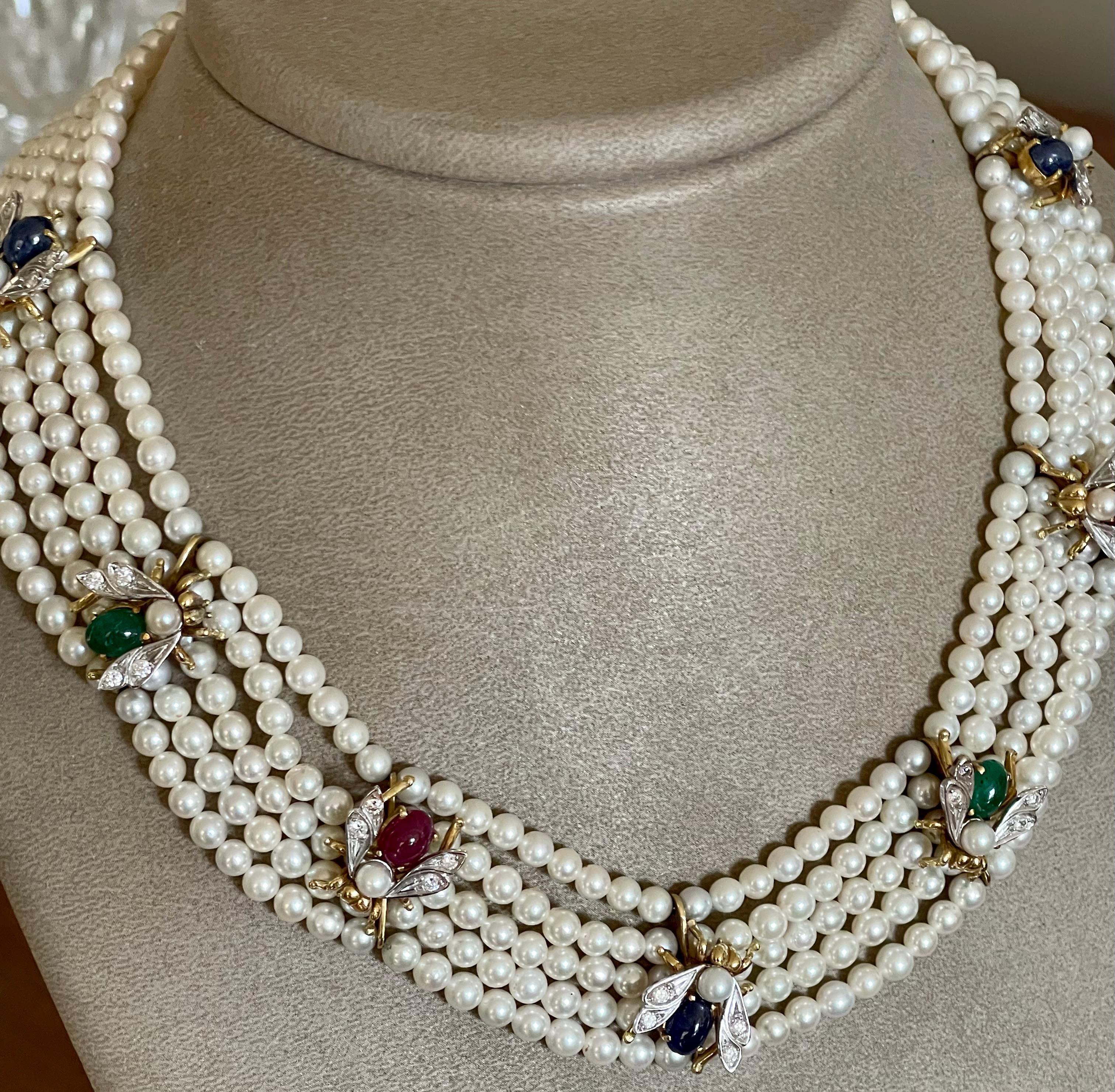 Cabochon 18 K 1950 5 Strand Cultured Pearl Choker with Bees Emearld Ruby Sapphire Diamond