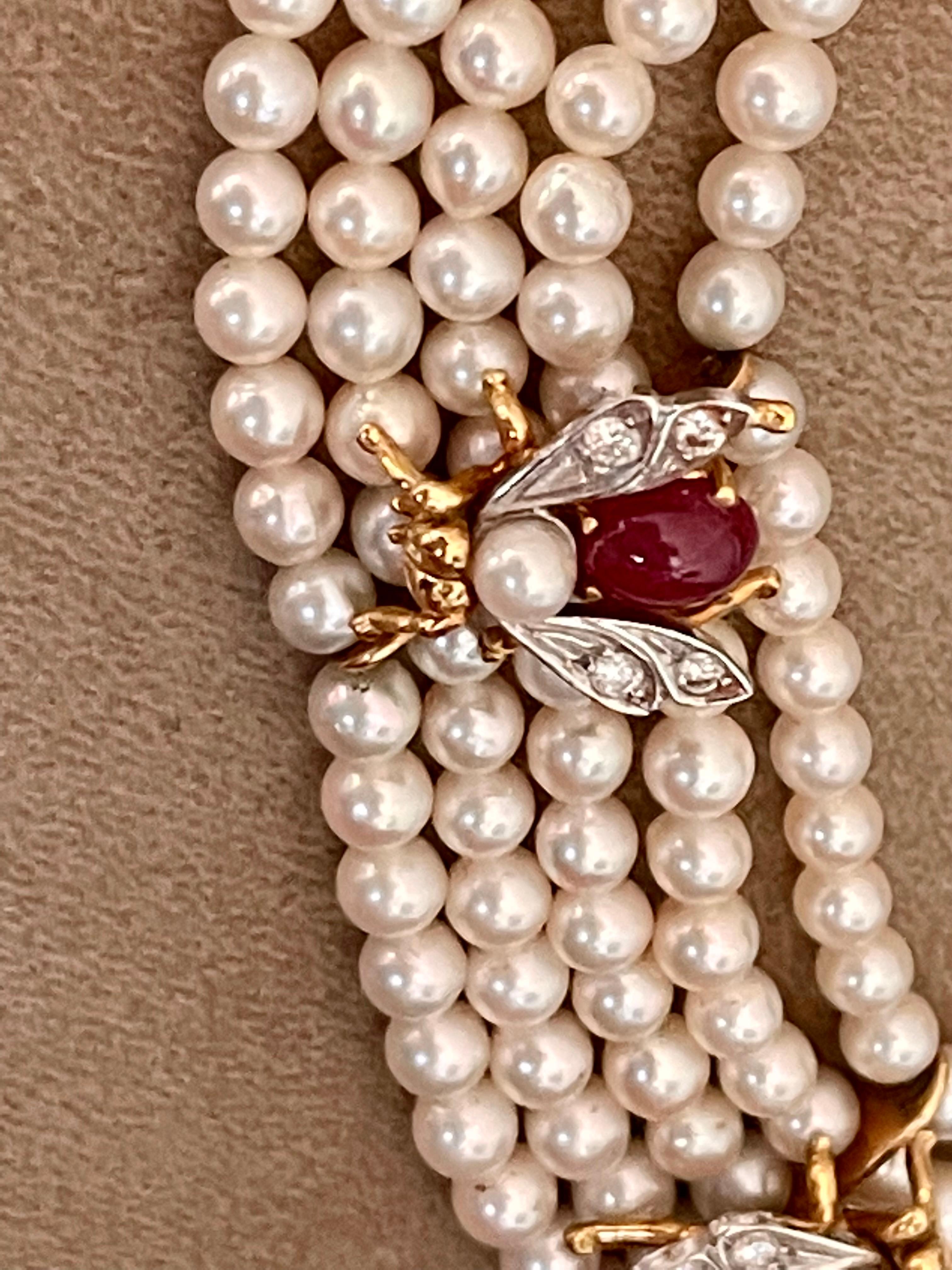 Women's 18 K 1950 5 Strand Cultured Pearl Choker with Bees Emearld Ruby Sapphire Diamond