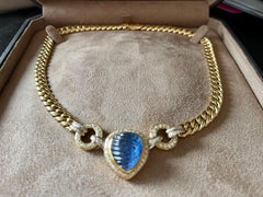 18 K Cuban link necklace carved blue Sapphire Diamond