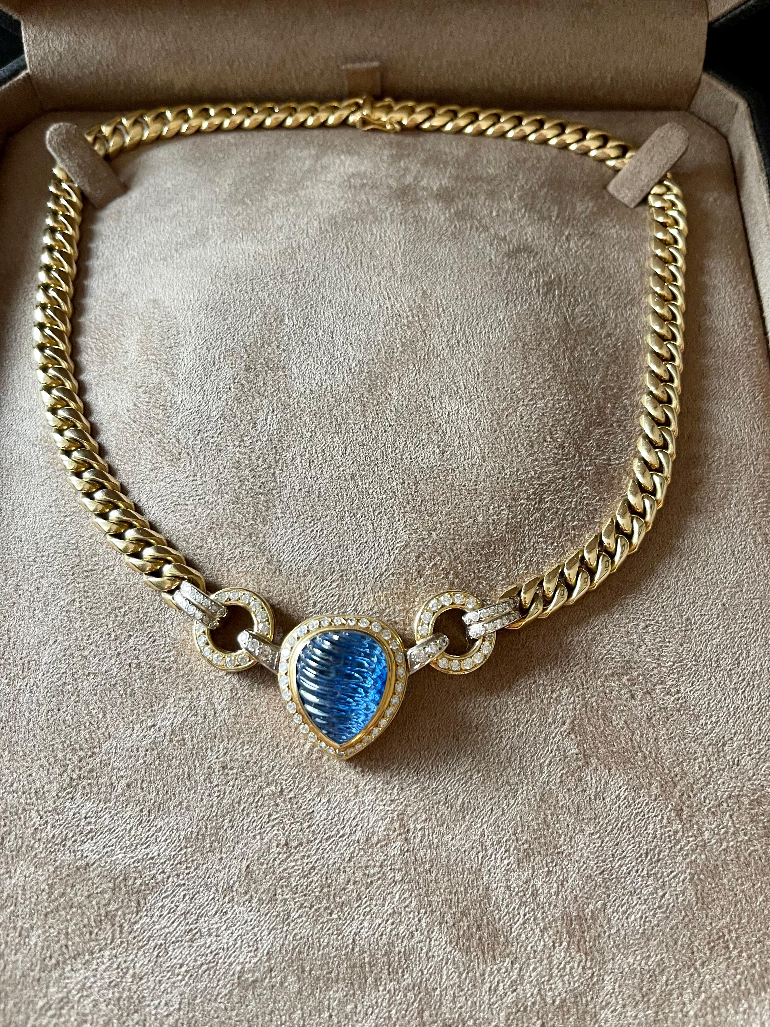 Cabochon 18 K Cuban link necklace carved blue Sapphire Diamond For Sale