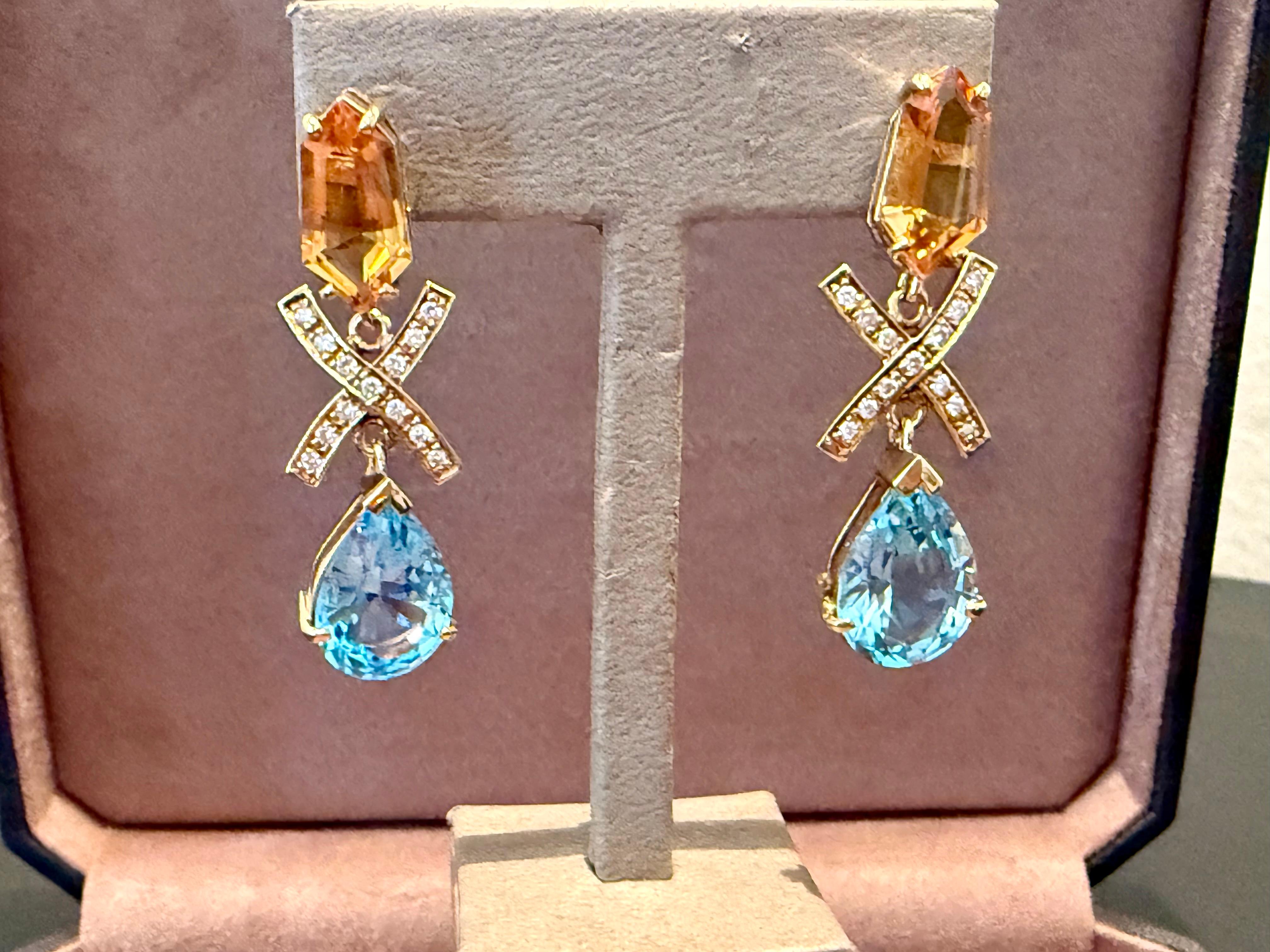 Taille brillant Boucles d'oreilles pendantes 18 K Diamond Citrine Blue Topaz en vente