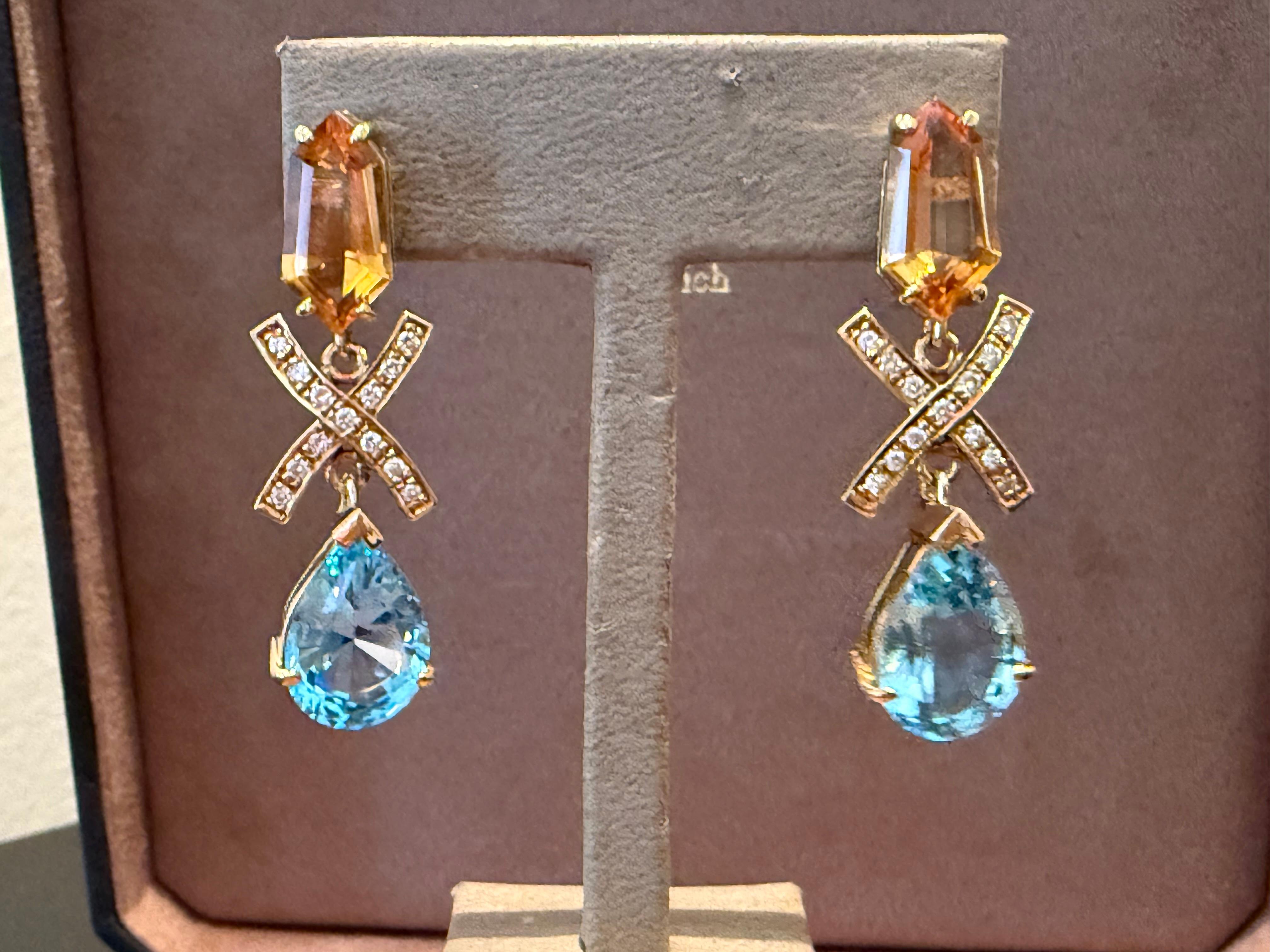 Boucles d'oreilles pendantes 18 K Diamond Citrine Blue Topaz Bon état - En vente à Zurich, Zollstrasse