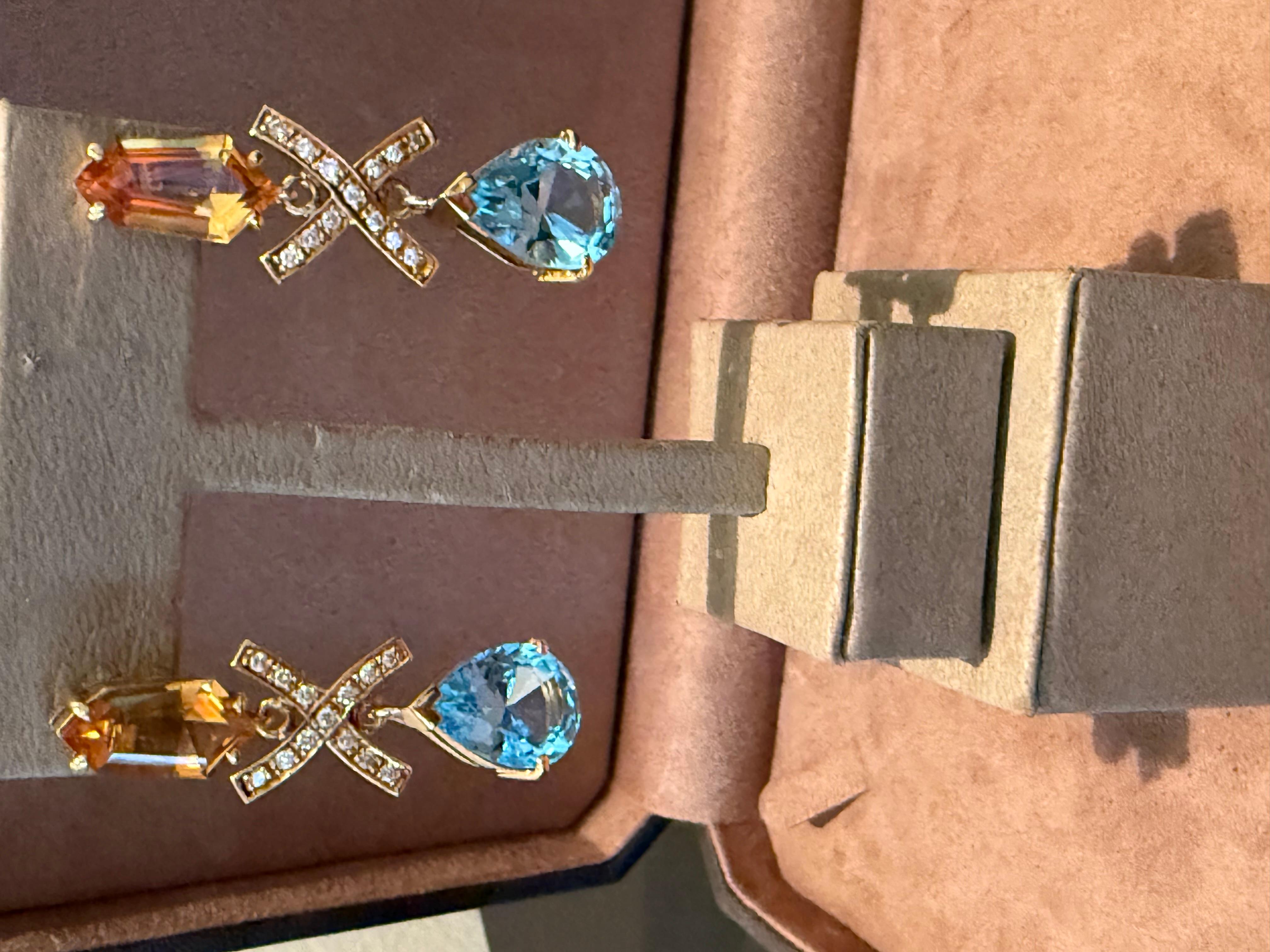 Boucles d'oreilles pendantes 18 K Diamond Citrine Blue Topaz Pour femmes en vente
