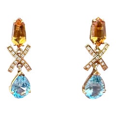 Boucles d'oreilles pendantes 18 K Diamond Citrine Blue Topaz