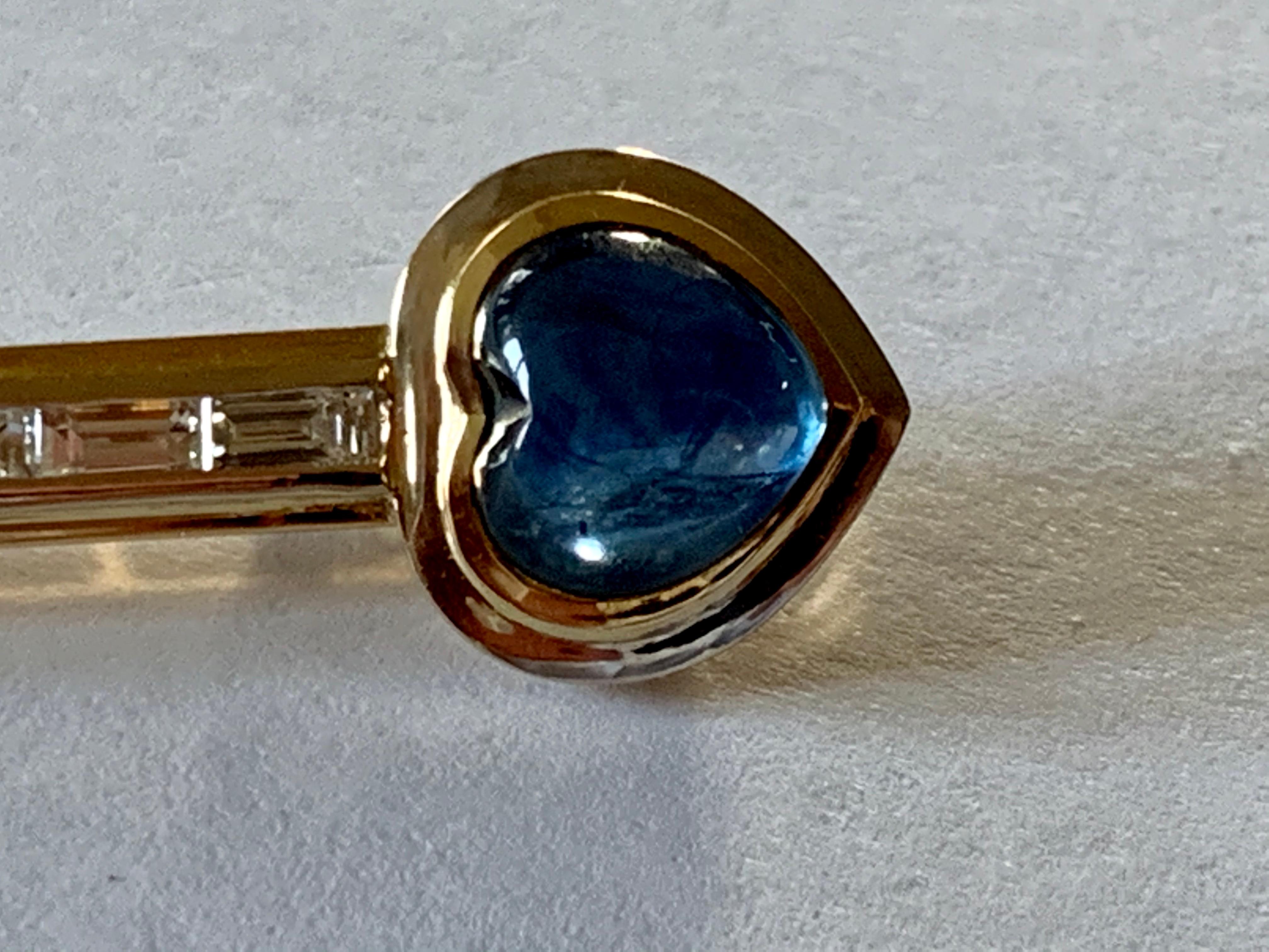 Contemporary 18 K Gold Bar Pin Brooch with Baguette Diamonds and Sapphire and Ruby Cabochon For Sale