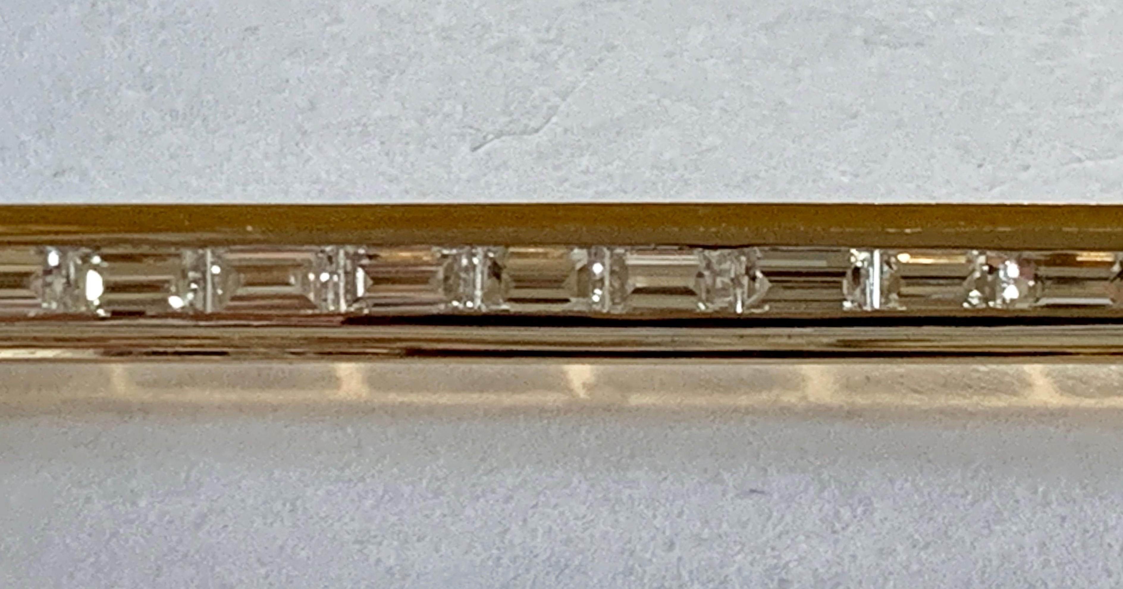 Baguette Cut 18 K Gold Bar Pin Brooch with Baguette Diamonds and Sapphire and Ruby Cabochon For Sale