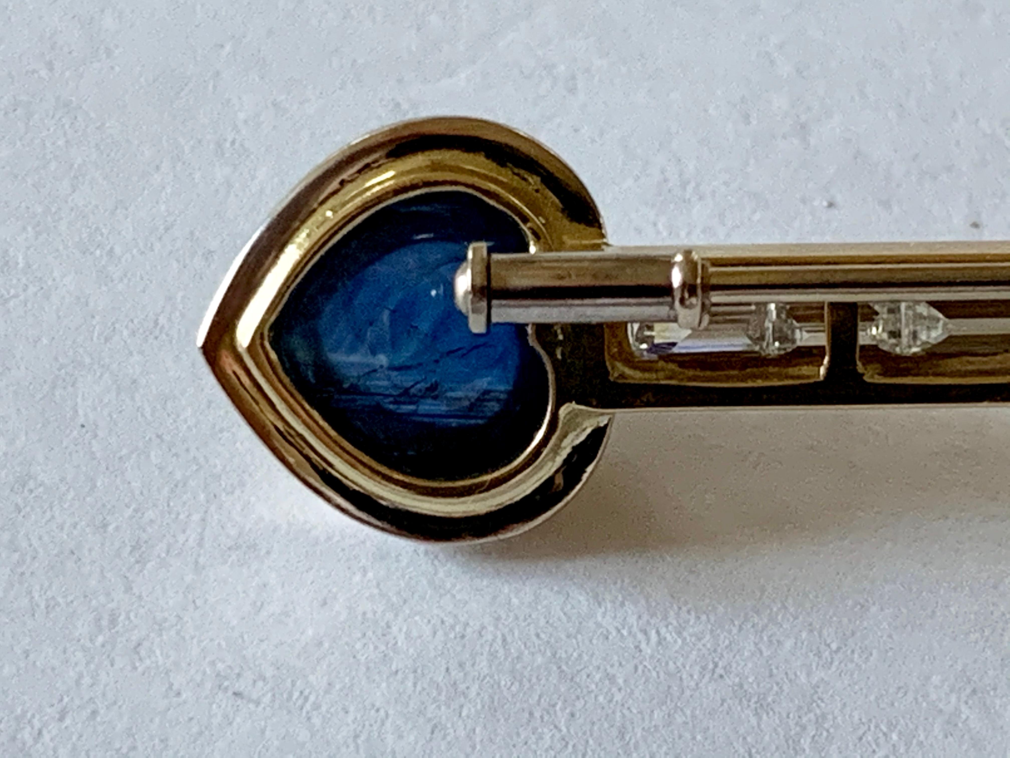18 K Gold Bar Pin Brooch with Baguette Diamonds and Sapphire and Ruby Cabochon For Sale 1