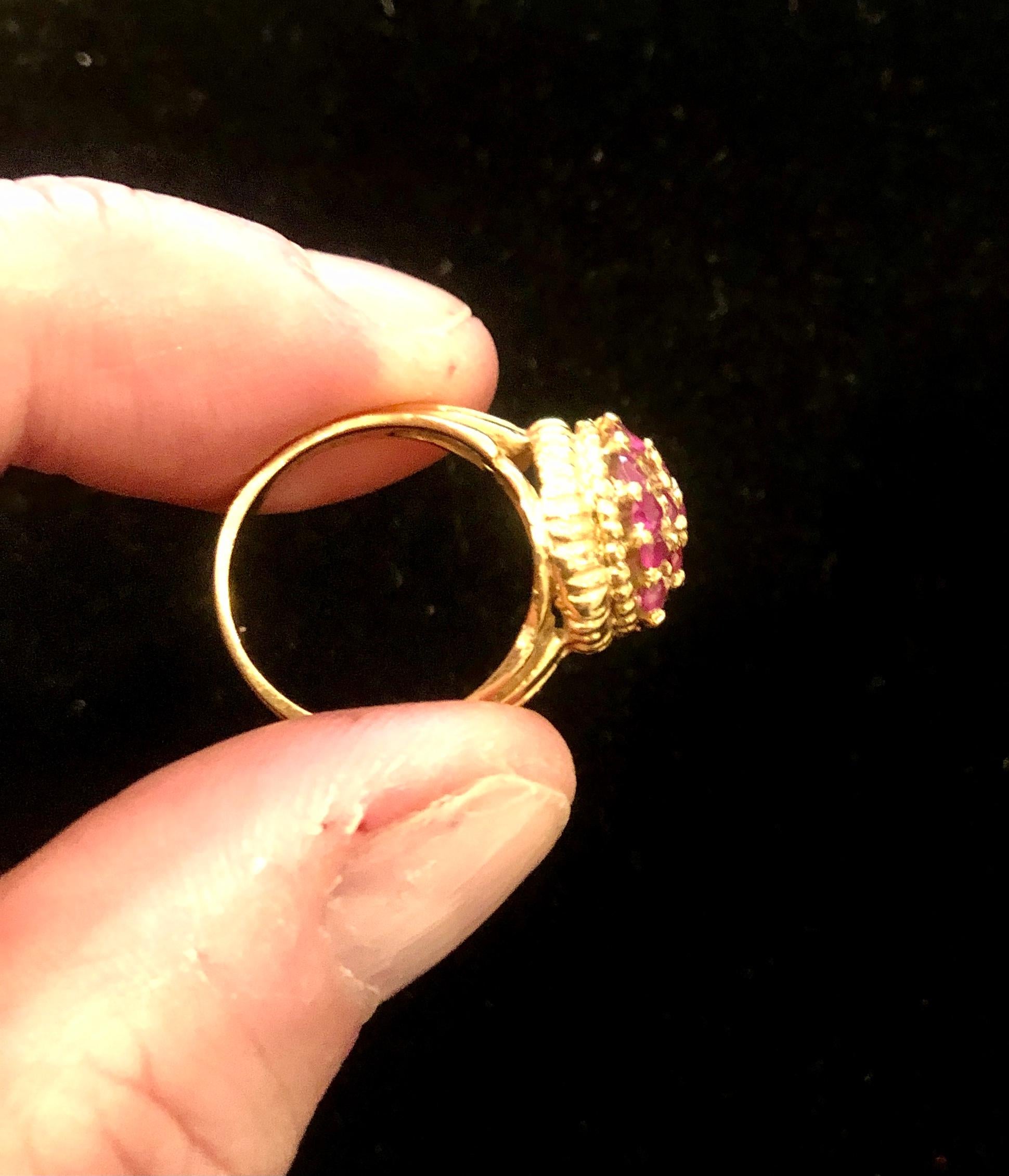 Mixed Cut 18 Karat Gold Cocktail Ring with Natural Rubys, circa 1960 For Sale