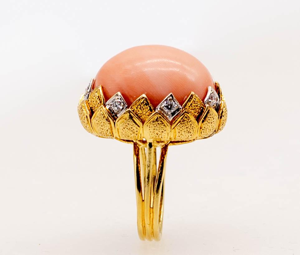 Cabochon 18 K Gold Diamond Angelskin Coral Ring
