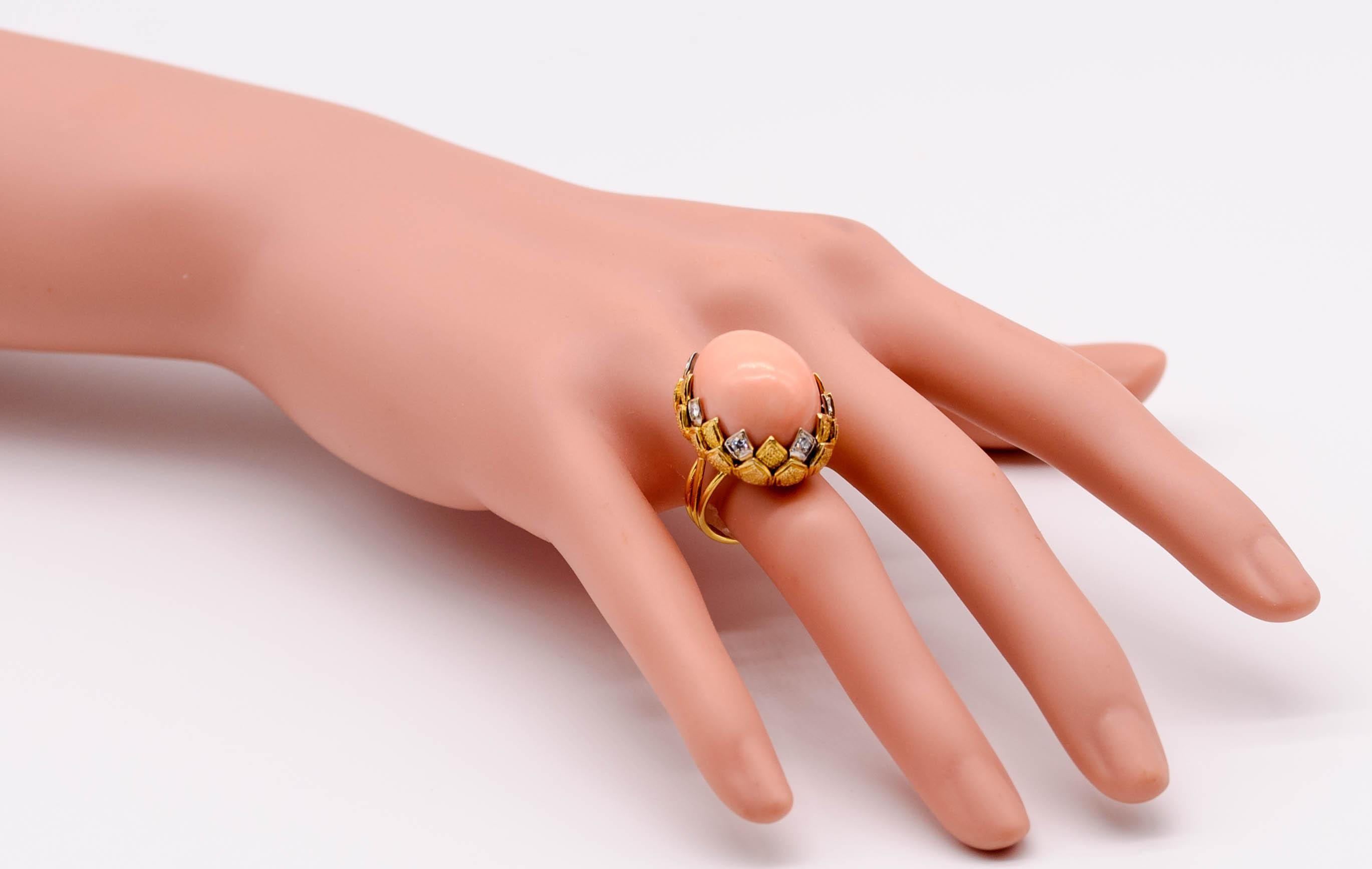 Women's or Men's 18 K Gold Diamond Angelskin Coral Ring