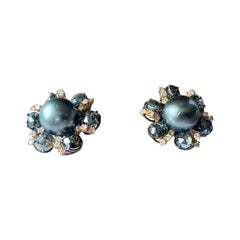 18 K Gold Earclips with Cut Und Uncut Rough Diamonds Tahitian Pearls